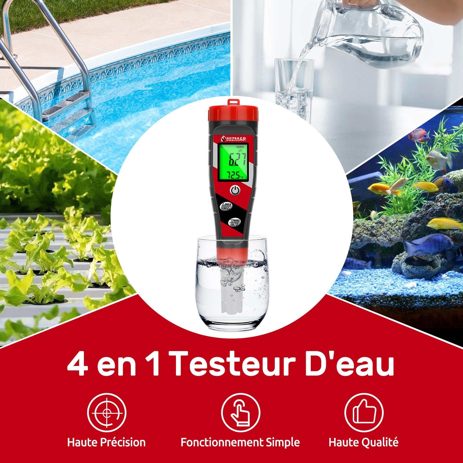 UIUZMAR pH-mètre numérique pH TDS EC mètre pour solution nutritive hydroponique pH et EC mètre avec écran LCD TDS testeur d'eau pH PPM mètre pour installation DWC tente de culture aéroponique culture
