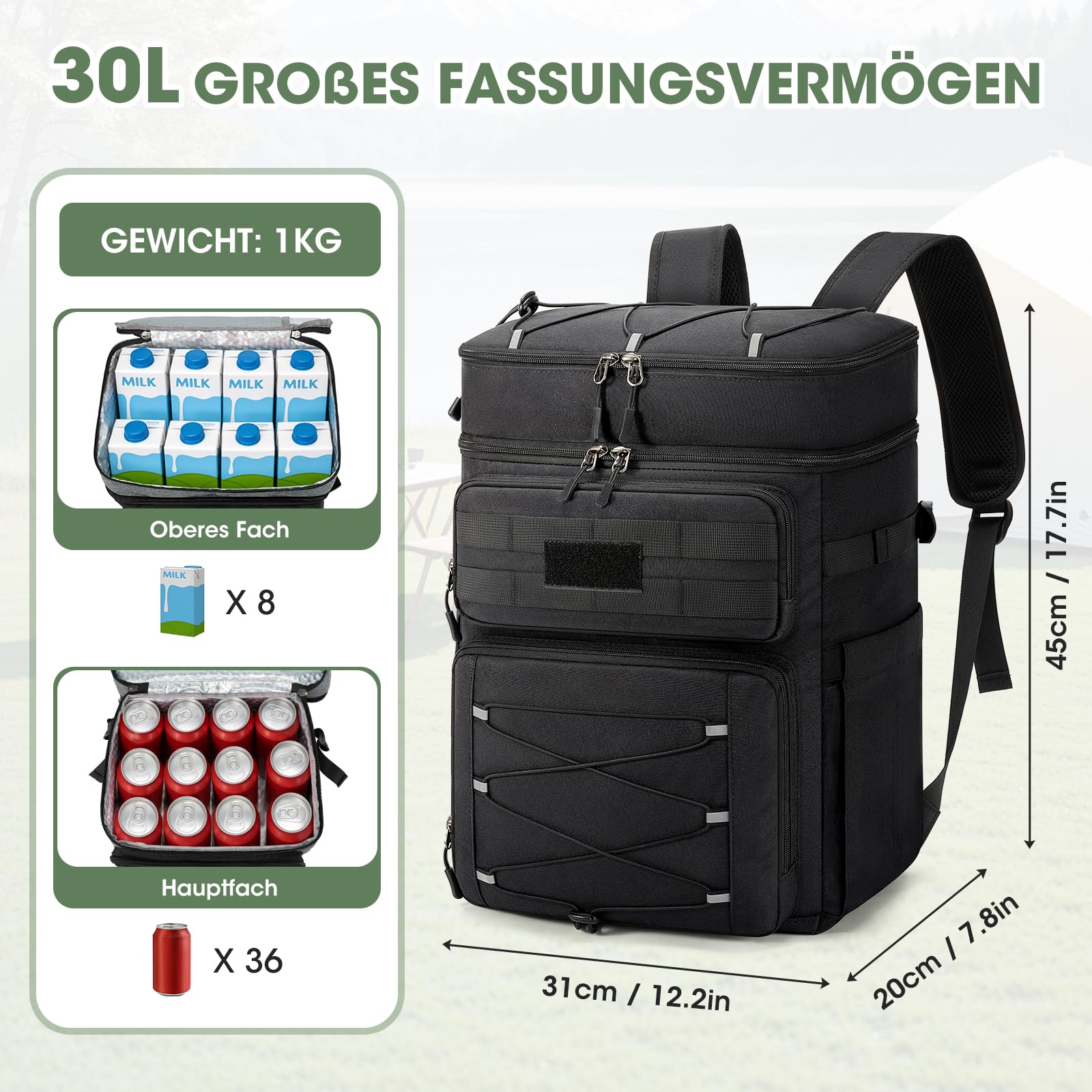 RAINSMORE Kühlrucksack 30L Auslaufsicher Groß Thermo Kühltasche Rucksack Doppeldeck Isolierter Picknickrucksack für Familie Outdoor BBQ Schwarz