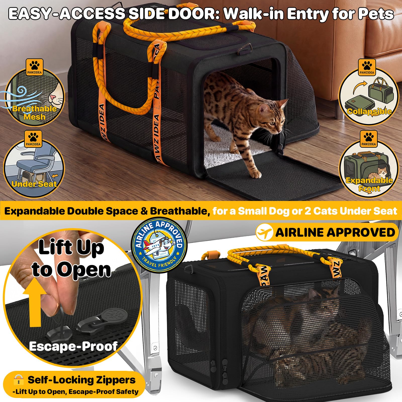PAWZIDEA Expandable Pet Carrier Airline Approved, 18"&times;11"&times;11" Small Dog Carriers, Collapsible Top-Load Cat Carrier for 2 Cats Under Seat, Soft-Sided Puppy & Animal Travel Bag, ID Card, Up to 15lbs - image 3