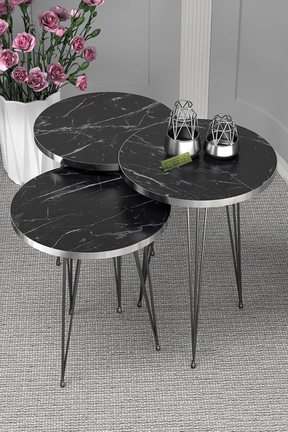 Faux Marble Nesting Coffee Tables with Metal Legs,Round Set
