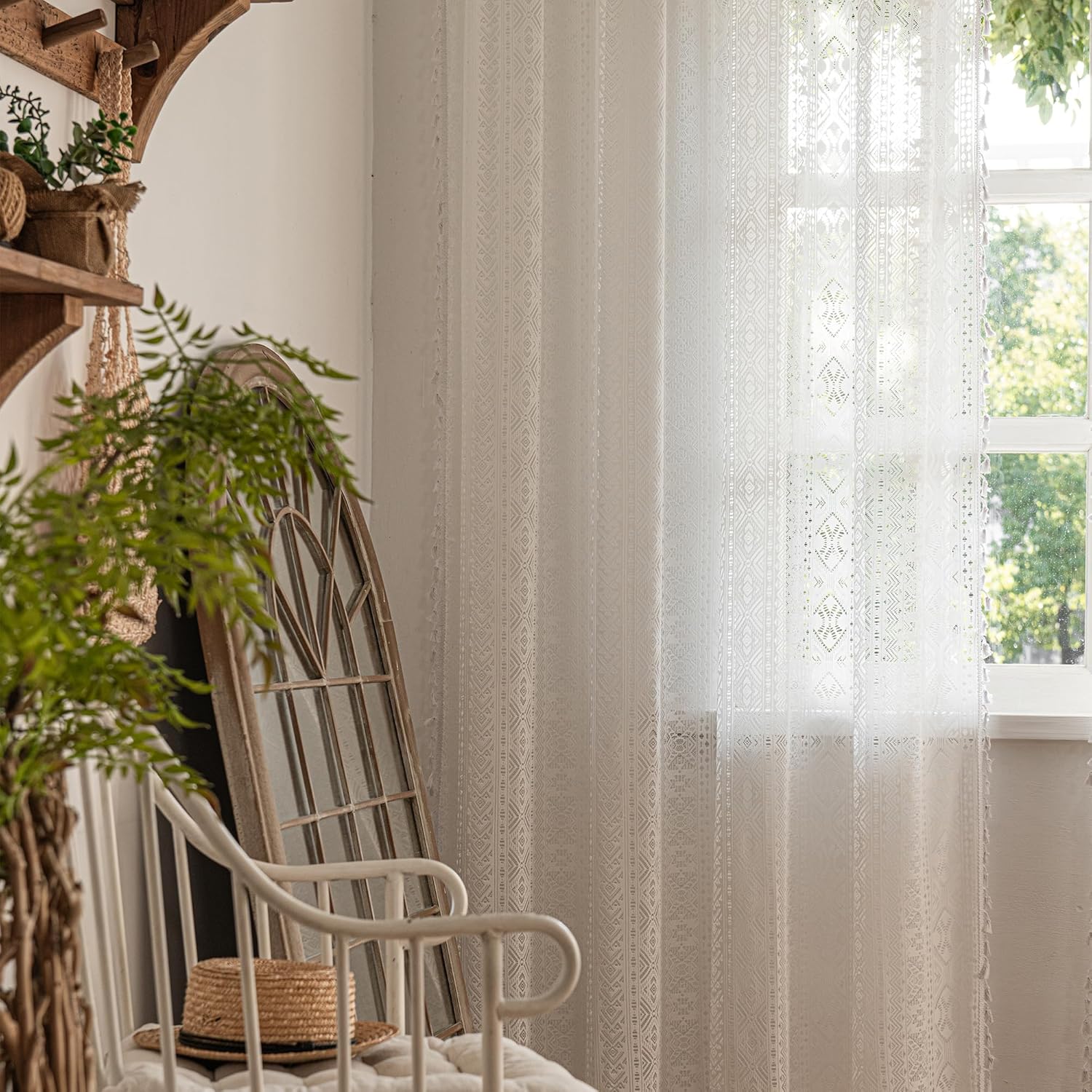 Boho Semi Sheer Lace Curtains with Tassel Crochet Ivory White Light Filtering Elegant Bohemian Window Treatments for Living Room Dining Room Nursery Cottage Core Decor Rod Pocket 2 Panels 54x96