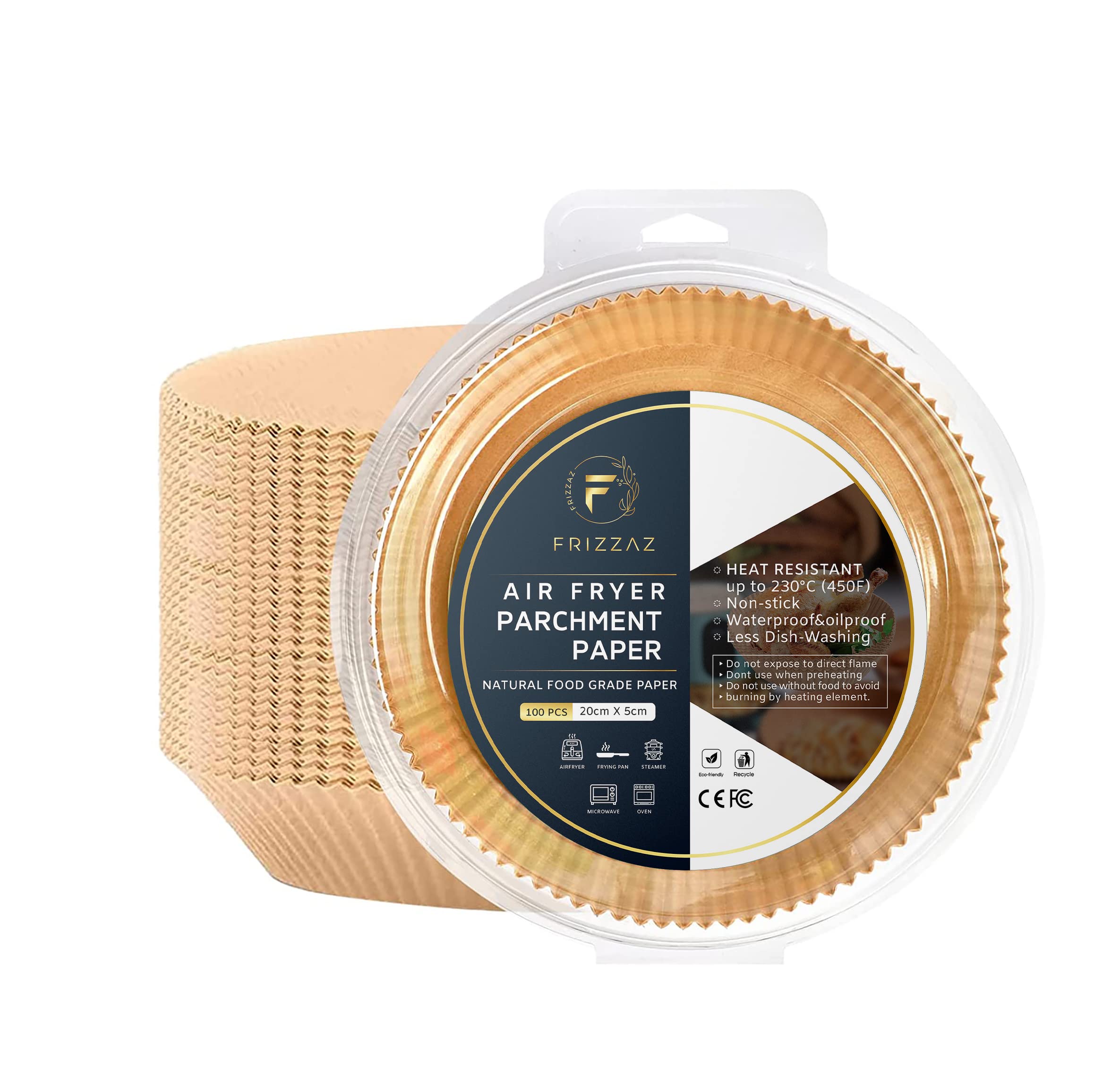 Frizzaz - Air Fryer Disposable Paper Liner 8in Round - Unbleached Parchment - No Mess Less Stress - Grease and Water Proof Non Stick Basket Liners (100pcs)