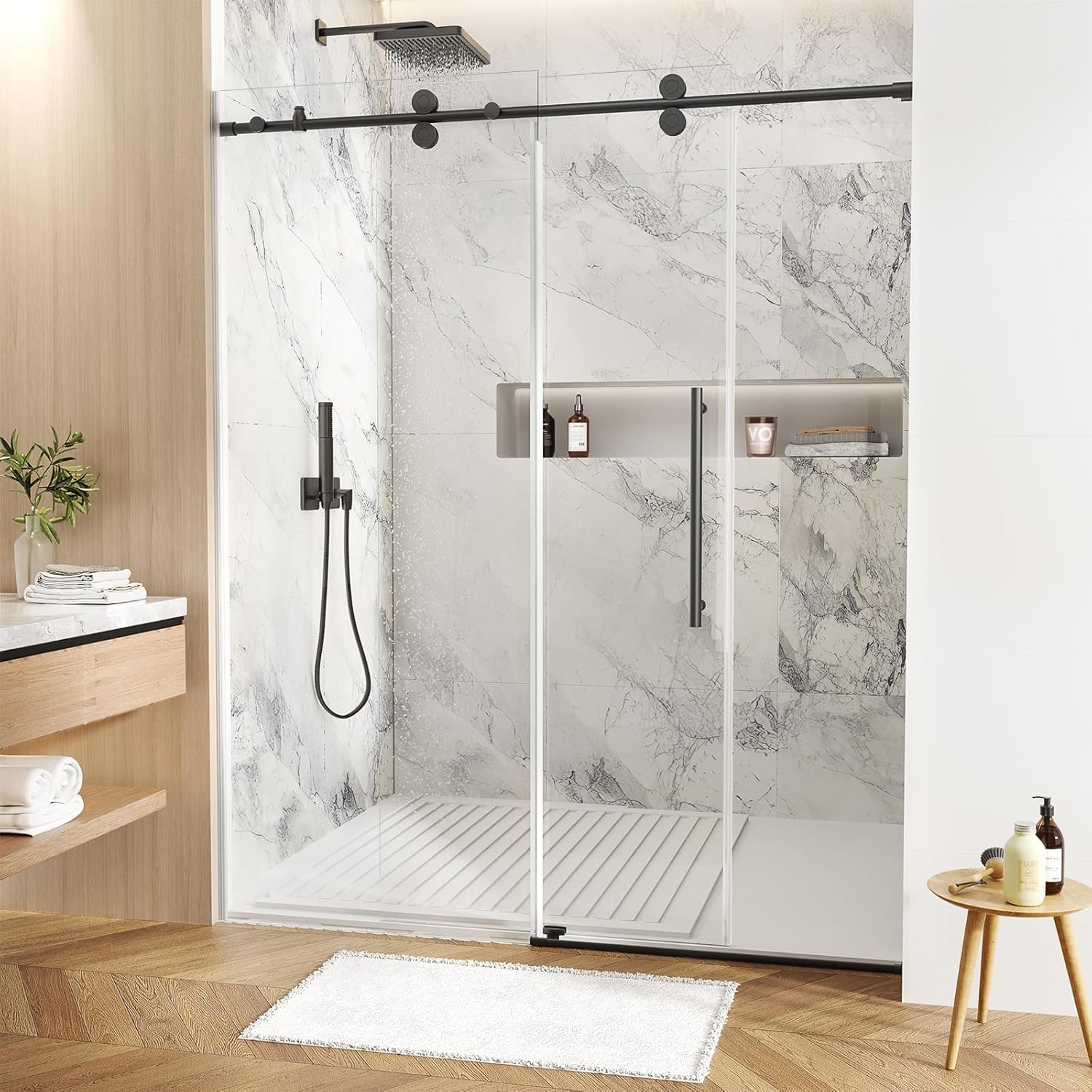Frameless Double Sliding Shower Door, 44-48 in W x 74 in H, 1/4" SGCC Tempered Glass, Bypass Dual Sliding Panels, Stainless Steel Hardware, Reversible Installation, Easy-Clean Glass