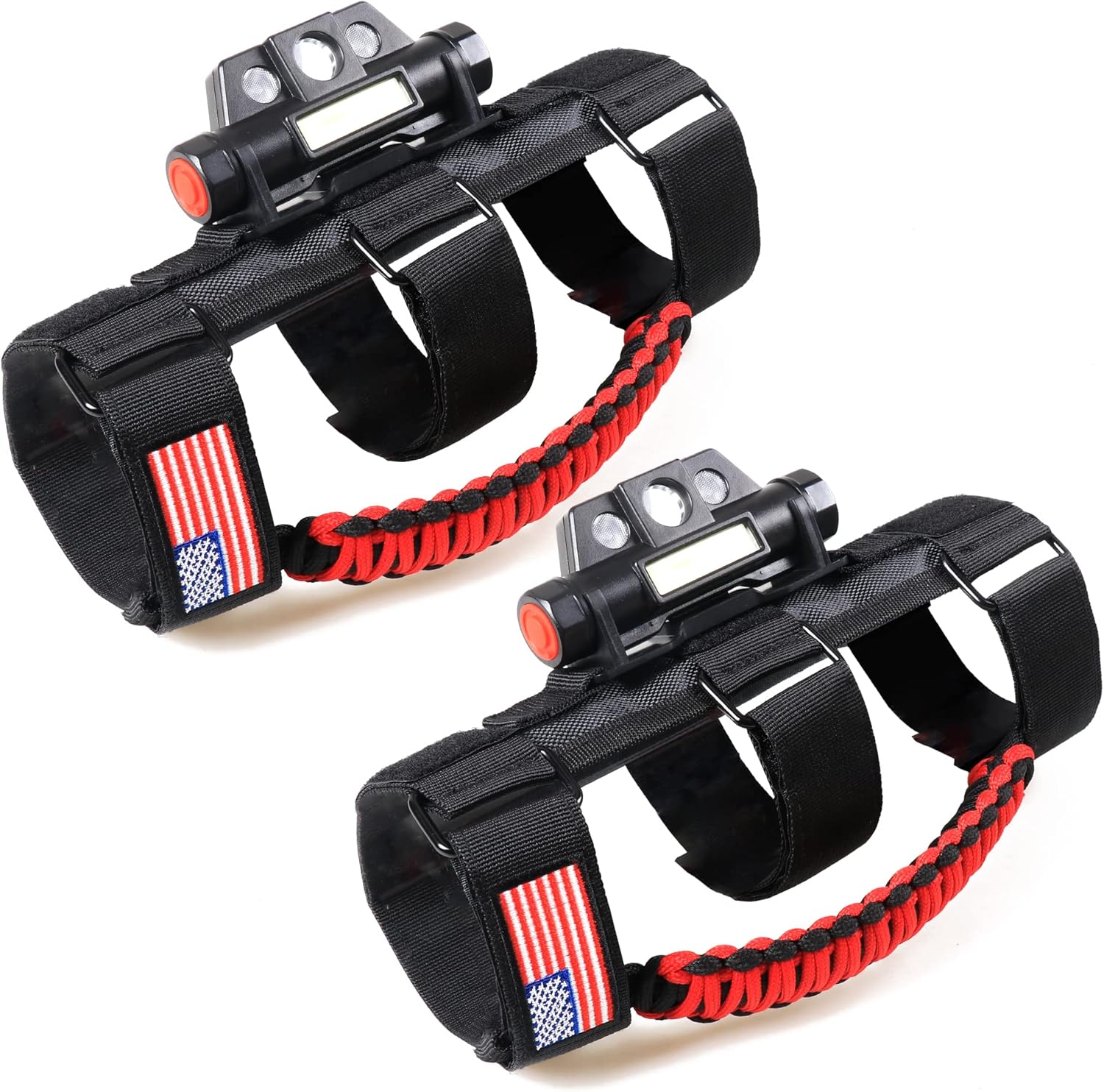 Roll Bar Grab Handles with Dome Light for Jeep Wrangler CJ YJ TJ JK JL Gladiator JT 1945-2025 2.0”-4.0” Roll Cage Paracord Grip Handle with Yellow Emergency Strobe Lights 2 Pack Red