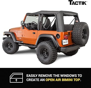 TACTIK Fabric Only Replacement Soft Top - Fits Jeep Wrangler TJ 1997-2006 - Custom-Fit Fabric Roof with Removable Side and Back Window Jeep TJ Soft Top Jeep TJ Top Cover (With Door Skins, Black Denim)