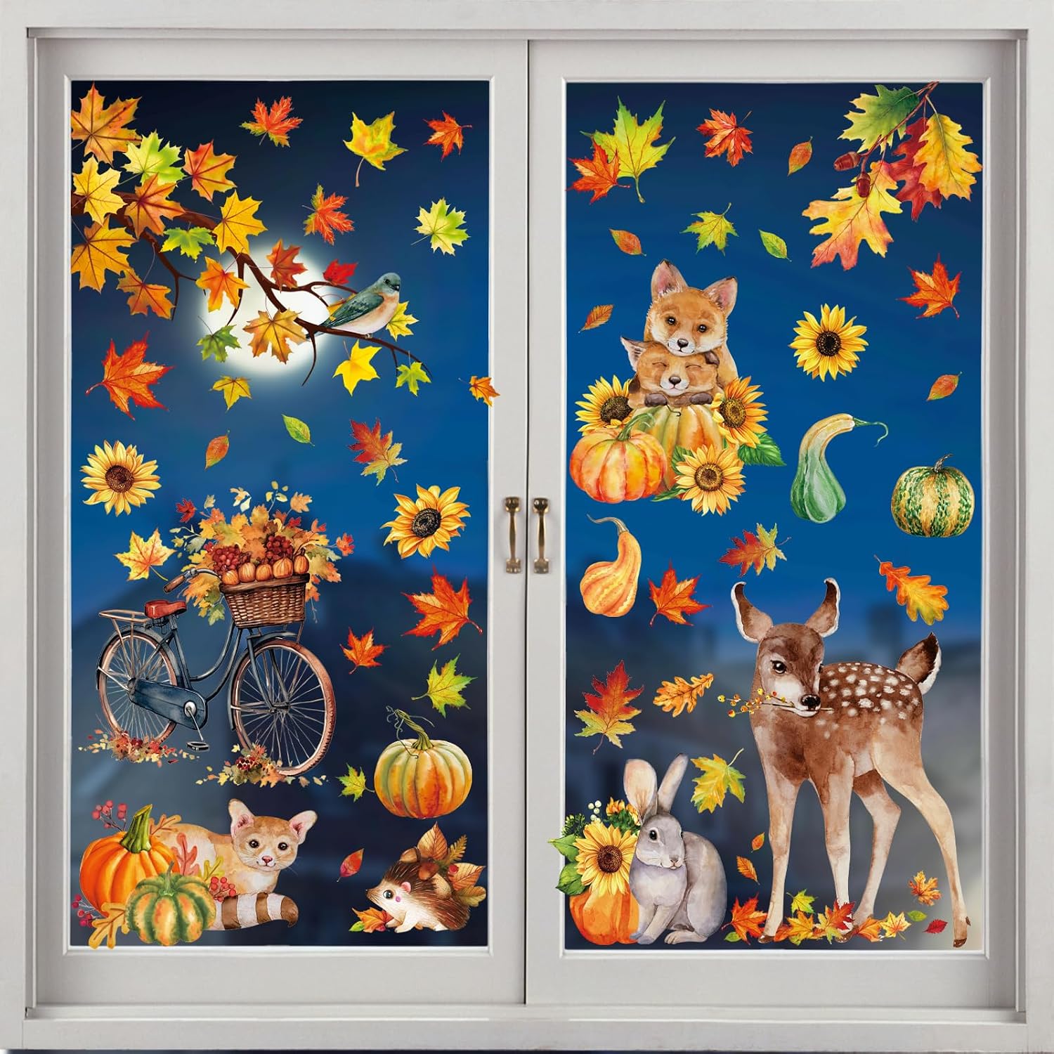 Fall Animals Window Clings for Glass Window, Thanksgiving Maple Leaves Decorative Window Stickers, Autumn Pumpkin Home Office Decor Holiday Decoration Party Supplies