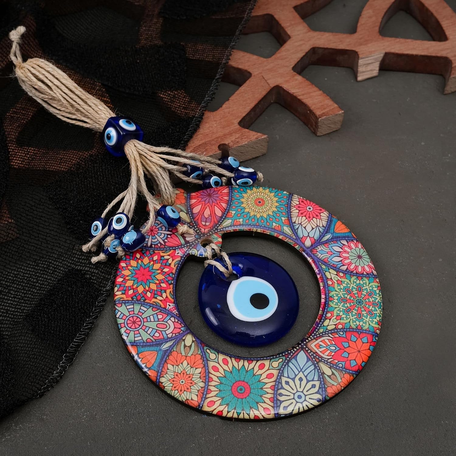BCS Mandala Evil Eye Decor Home Wall Hanging 5.1" Wooden Frame Glass Bead Multicolor Floral Pattern Handmade Turkish Nazar Amulet Good Luck Charm