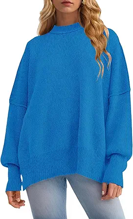 ZESICA Women's 2023 Fall Casual Long Sleeve Crew Neck Side Slit Oversized Ribbed Knit Pullover Sweater Tops