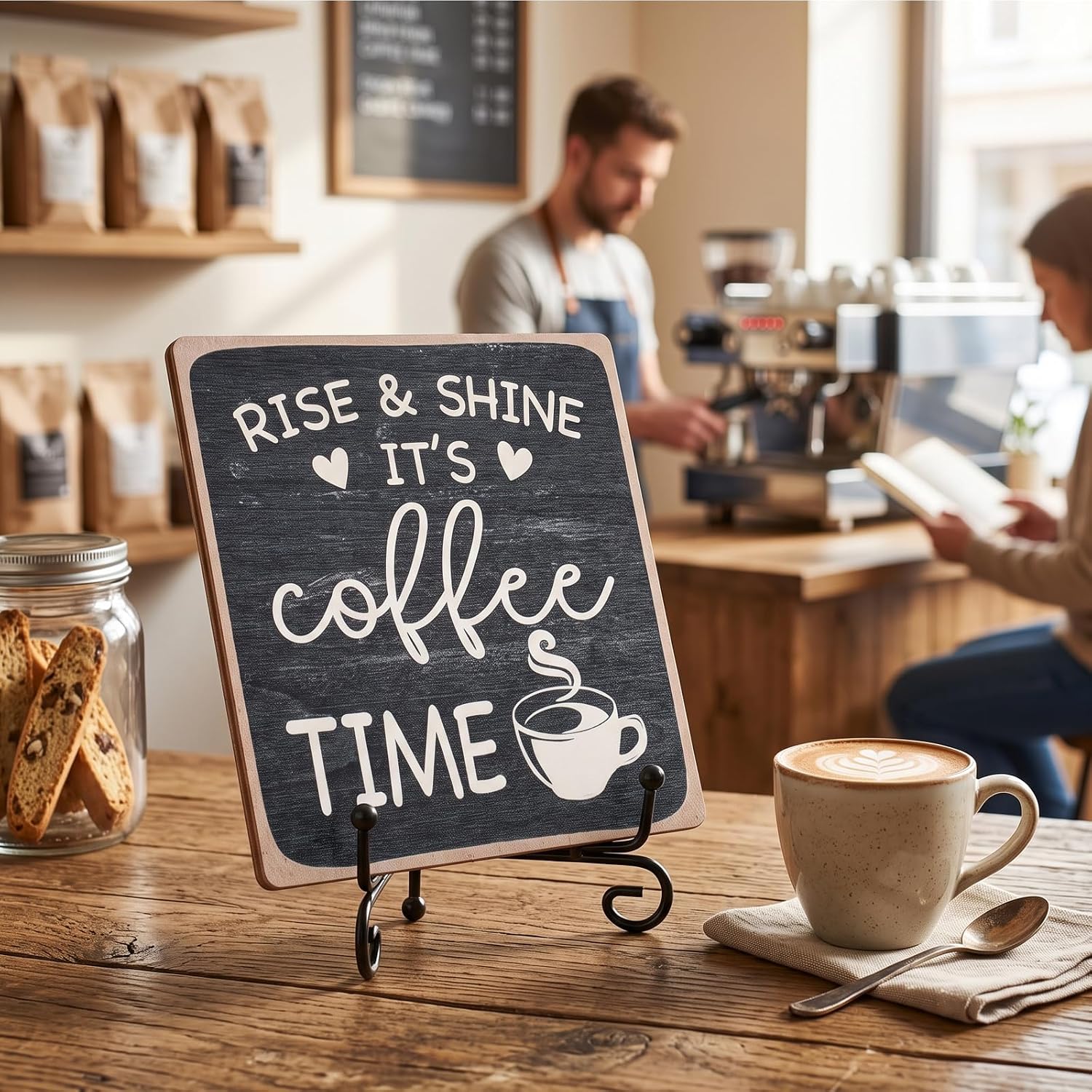 Coffee Bar Sign 5x5in Wooden Plaque Coffee Station Decor with Display Stand image 5