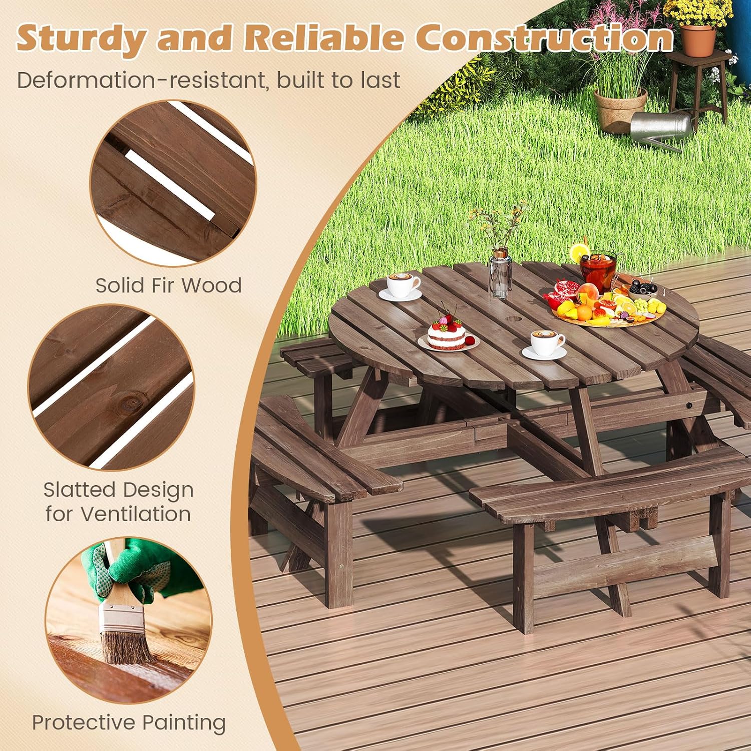 Giantex 8-Person Round Picnic Table Set with 4 Benches, 550 LBS Bench Capacity, 2" Umbrella Hole, Circular Outdoor Wood Dining Table & Chairs for Patio Yard Garden Porch Deck (71”x71”x28”,Brown)