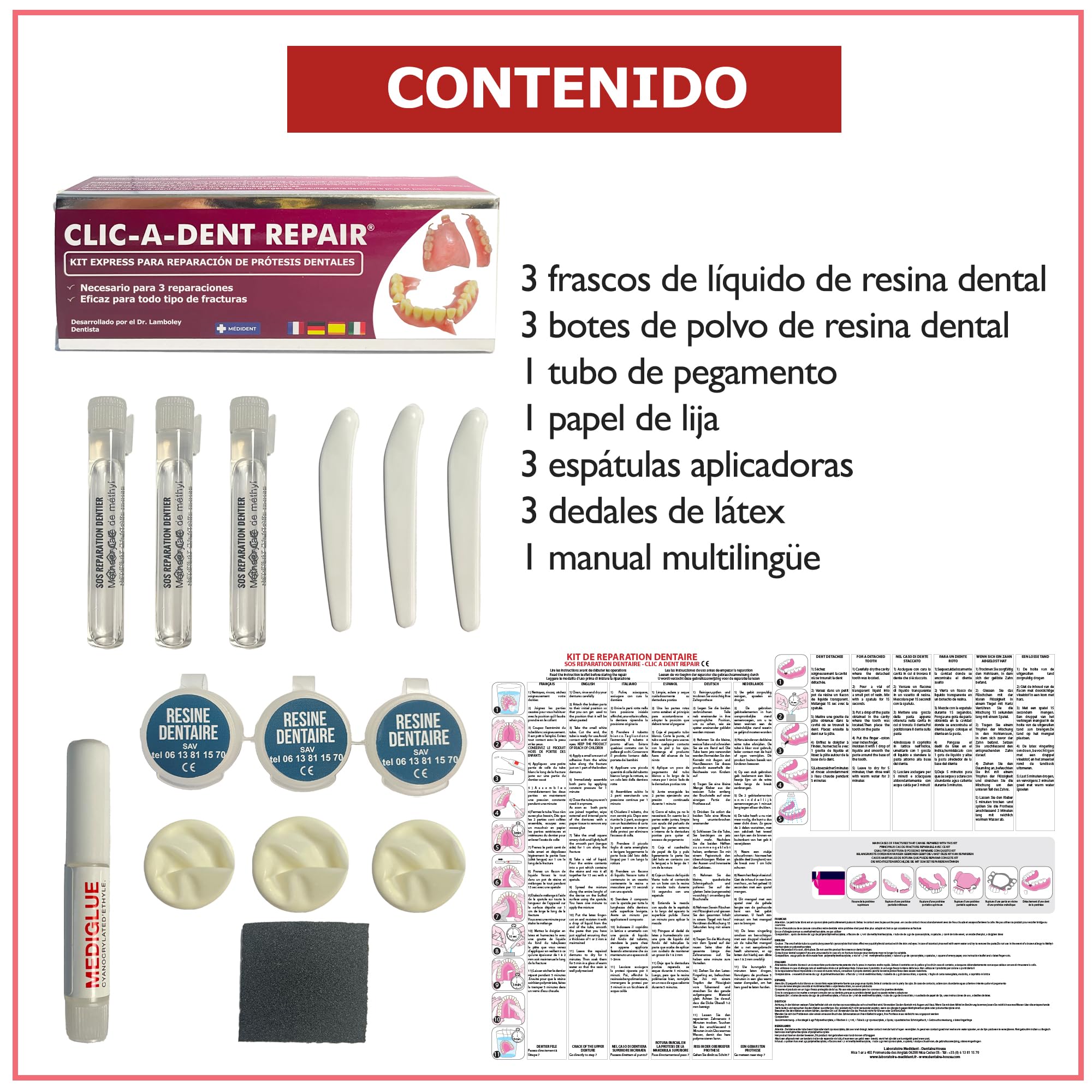 CLICADENT REPAIR- Kit de reparacion para una dentura postiza o un diente suelto