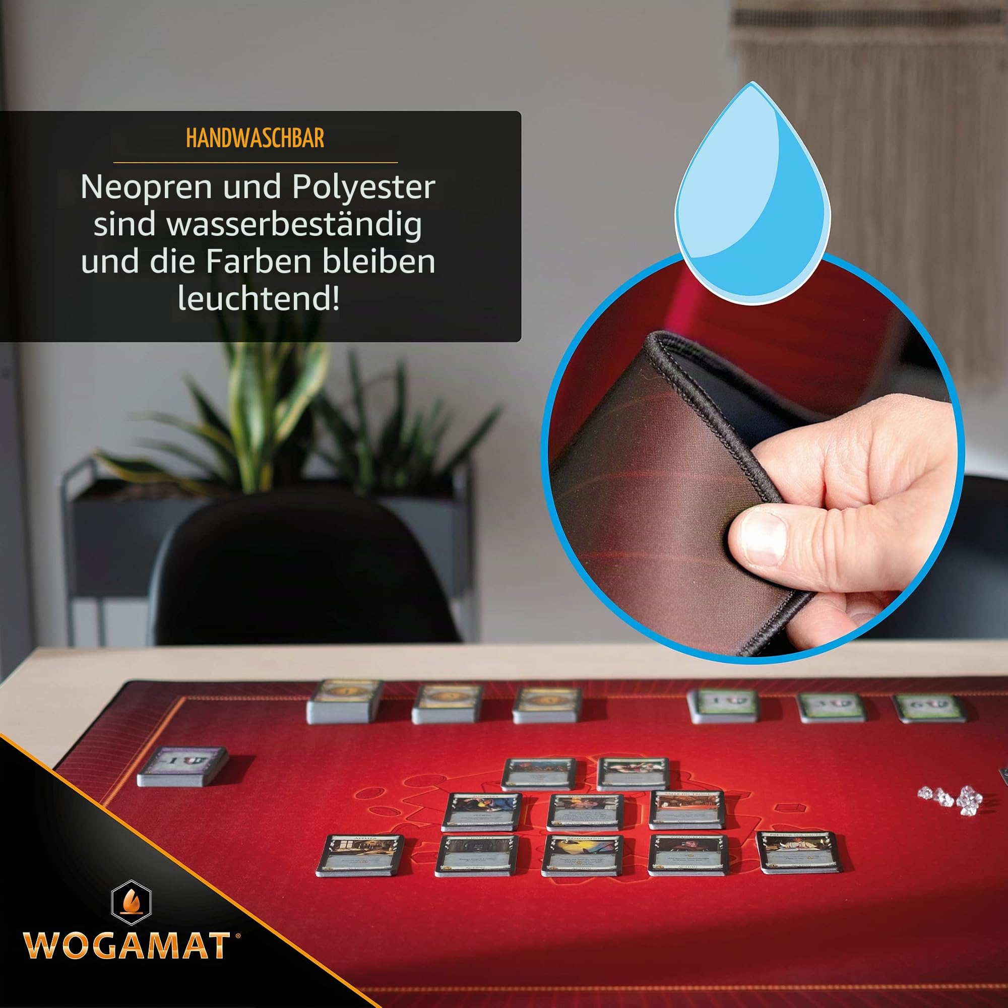 WOGAMAT Große Spielmatte aus Neopren, XL, Rot, 92 x 92 cm, für Kartenspiele, Würfelspiele, Gesellschaftsspiele – leise, dick, waschbar und rutschfest, luxuriöse Verarbeitung, Multiplaymatte