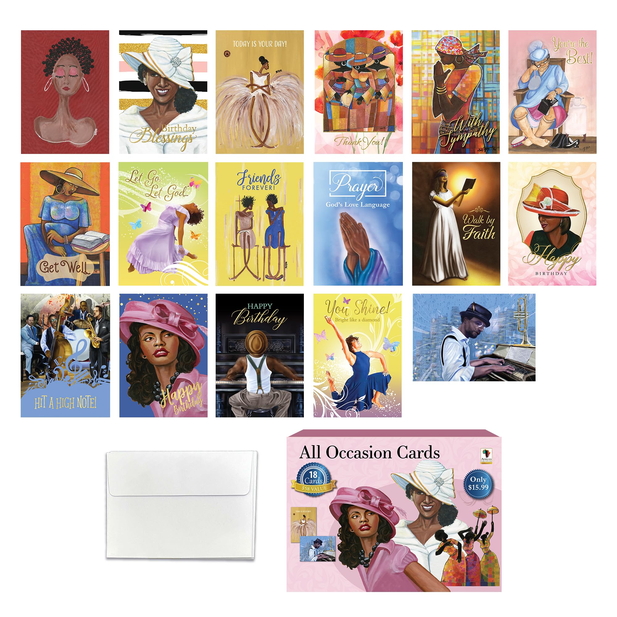 African American Birthday Cards Assortment Box – Set of 18 All Occasion Black Greeting Cards with Envelopes – Beautiful Black Women Designs – Premium