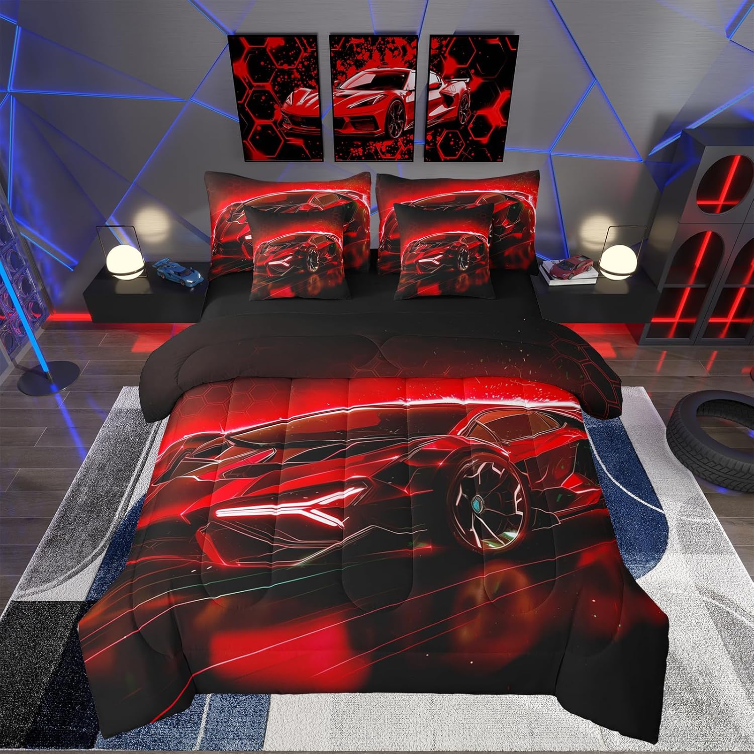 Feelyou Kids Boys Sports Car 7 Piece Bedding Set Full Size Blue Race Car Comforter Set with Sheets for Kids Teens Boys Girls Extreme Sports Theme Bed in a Bag Speed Luxury Car Bed Set