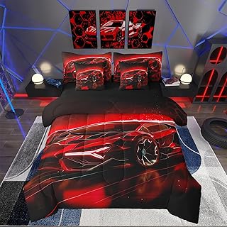 Feelyou Kids Boys Race Car 7 Piece Bedding Set Full Size Red Sports Car