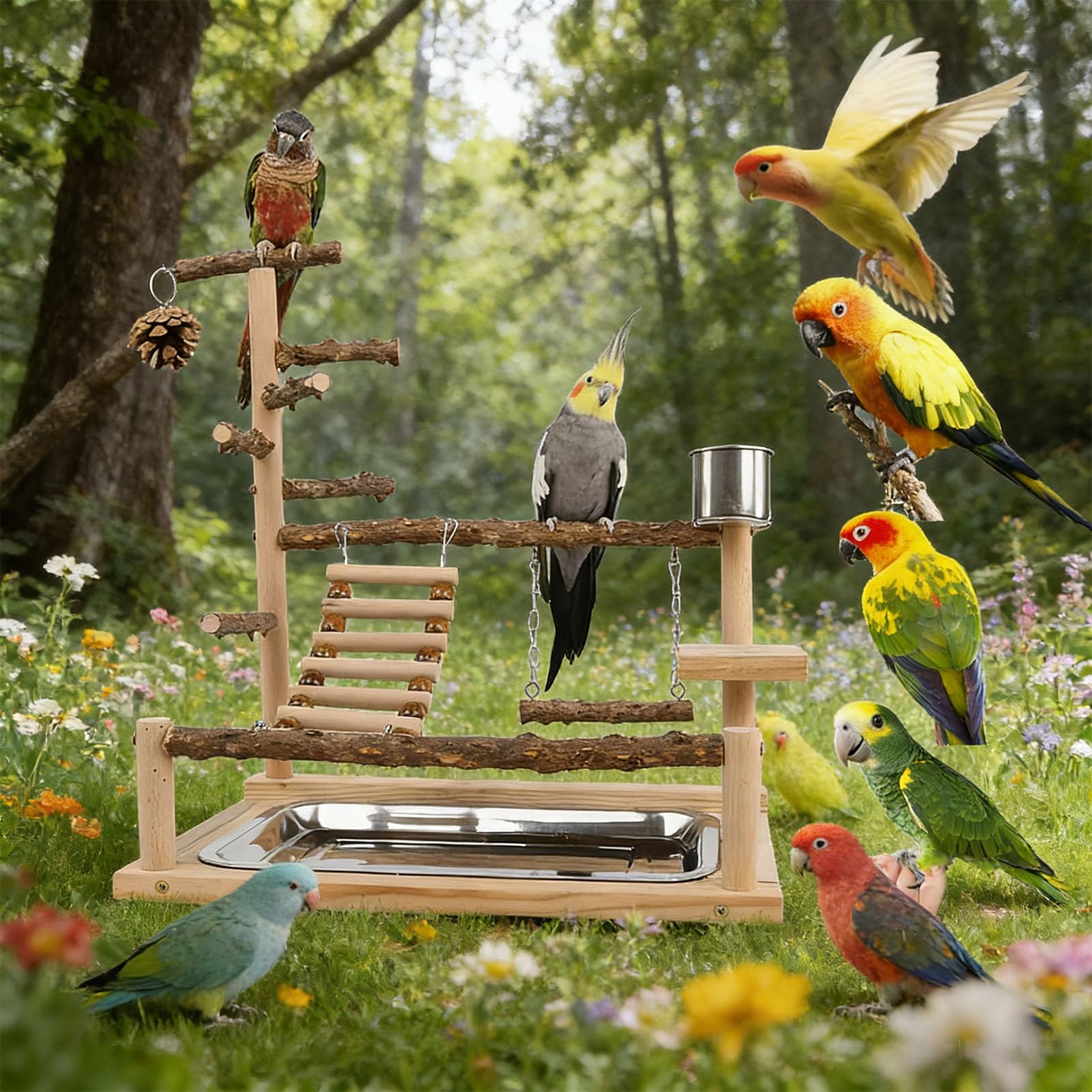 Parrot Playstand Parco giochi per uccelli stabile in legno con altalena per posatoi per accessori per gabbie per uccelli
