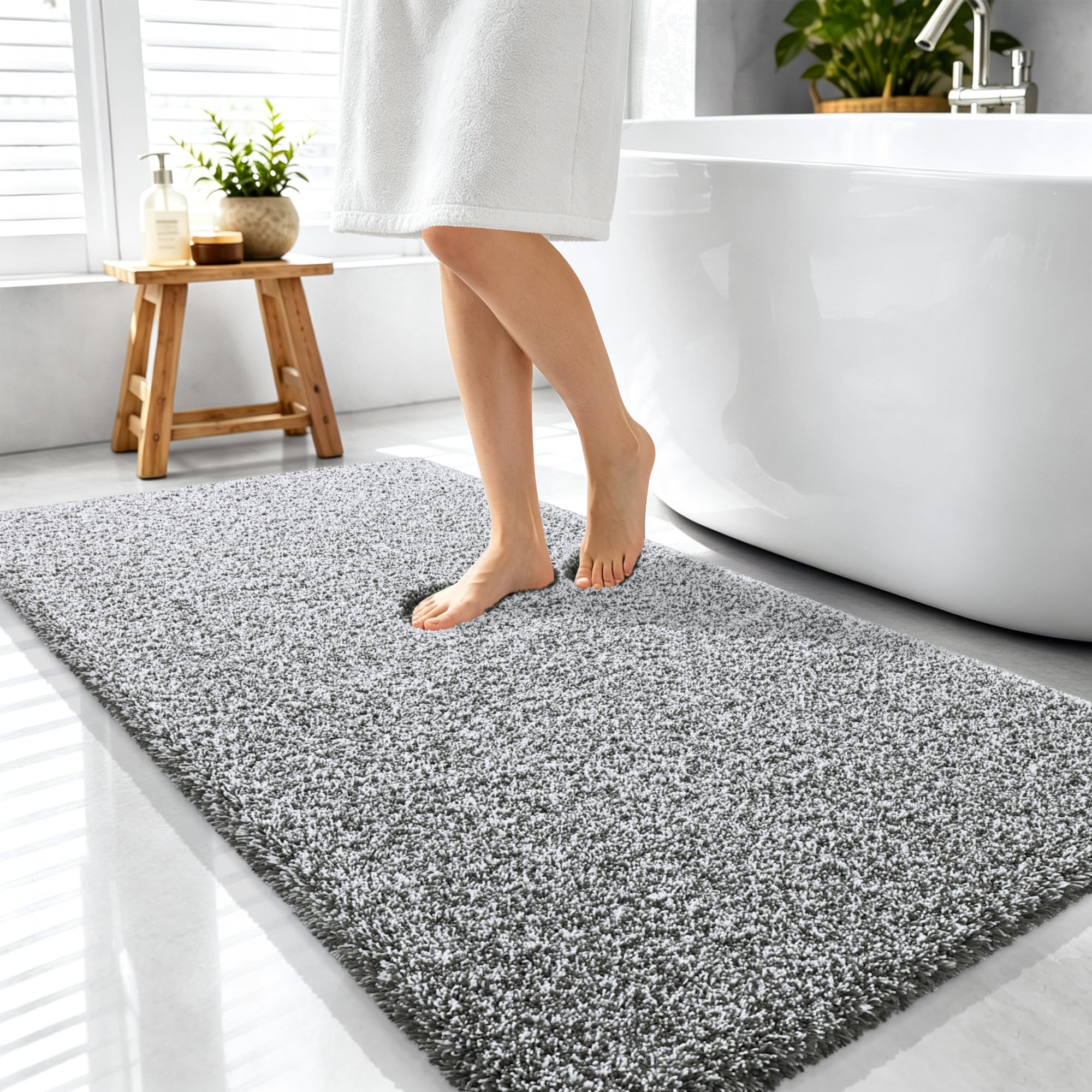 OLANLY Microfiber Bath Rugs - Deep Rose & White -8
