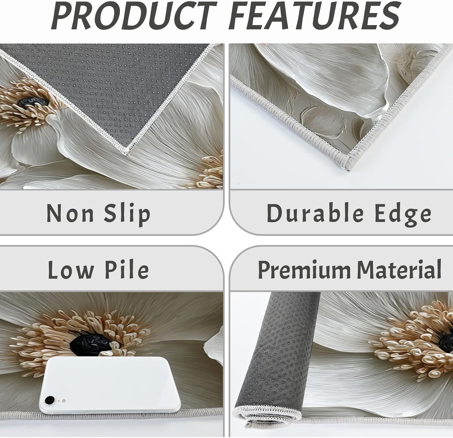 3D Petals And Stamens Kitchen Rug Set, 2 Pieces Non Slip and Anti Fatigue Relief Flowers Kitchen Mat Set, Washable Floor Mat, Ivory Standing Mats for Hallway Bedroom Entrance 17.3"x59"+17.3"x30"