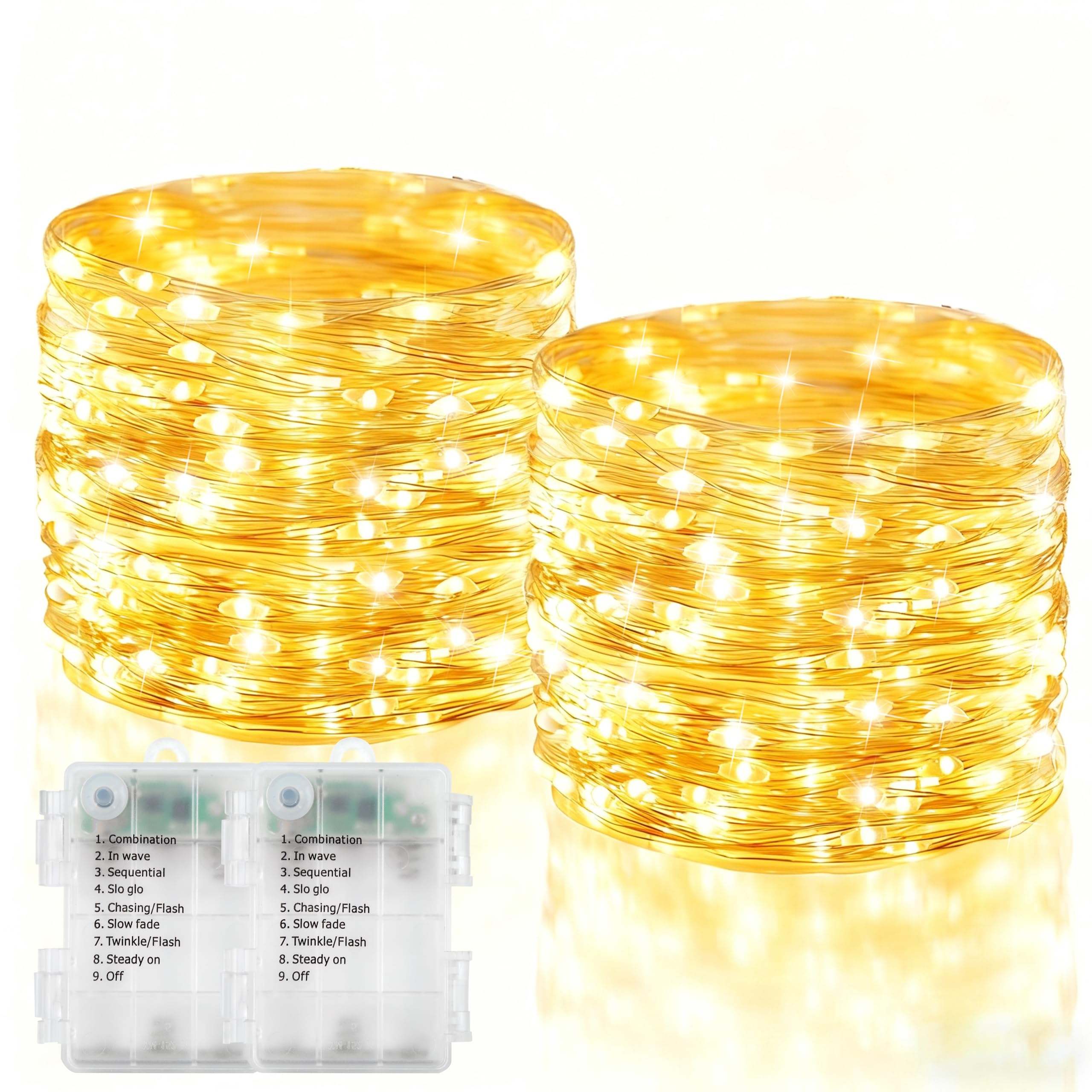 2 Pack Fairy Lights Battery Operated, 200 LED 66Ft Silver Wire Twinkle String Light 8 Modes Auto Timer Mini Christmas Fairy Lights for Bedroom Wedding Decor (Warm White)
