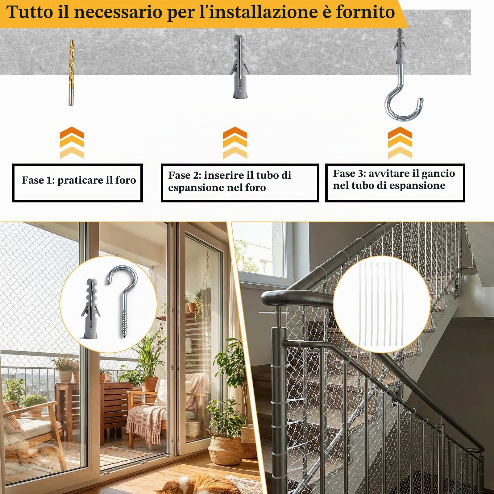 Rete per Gatti, Balcone, Senza Forare, 10 x 3 m, Rete Trasparente per Gatti, Protezione per Uccelli, con Corda Fissa e Accessori, per Balconi, Scale, Terrazze e Finestre (Bianco)