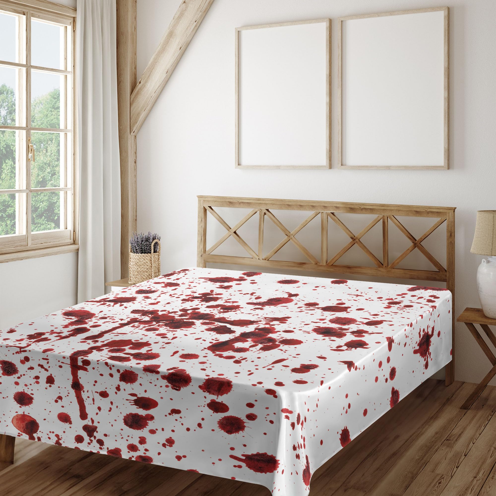Ambesonne Horror Flat Sheet, Splashes of Blood Grunge Style Bloodstain Horror Scary Zombie Halloween Themed Print, Soft Comfortable Top Sheet Decorative Bedding 1 Piece, Queen Size, White Red