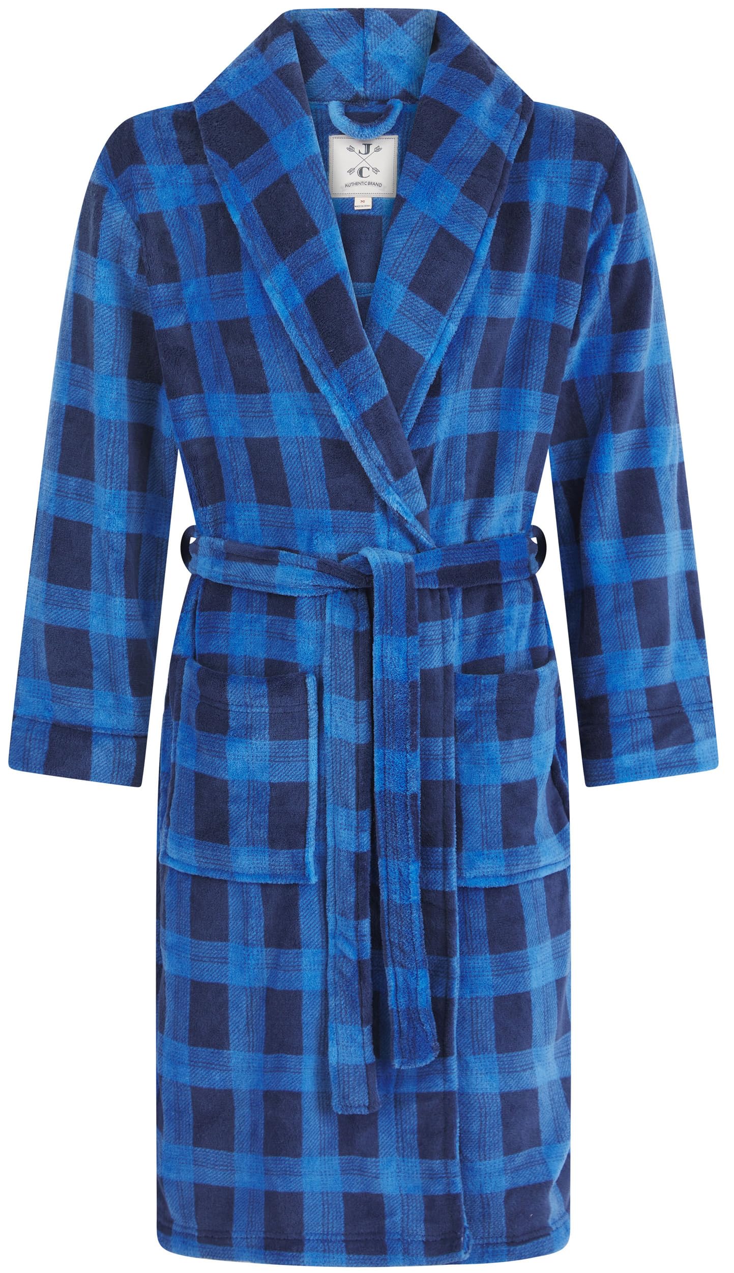 John Christian Men's Blue Check Warm Fleece Dressing Gown, Navy Pattern (Xxl)
