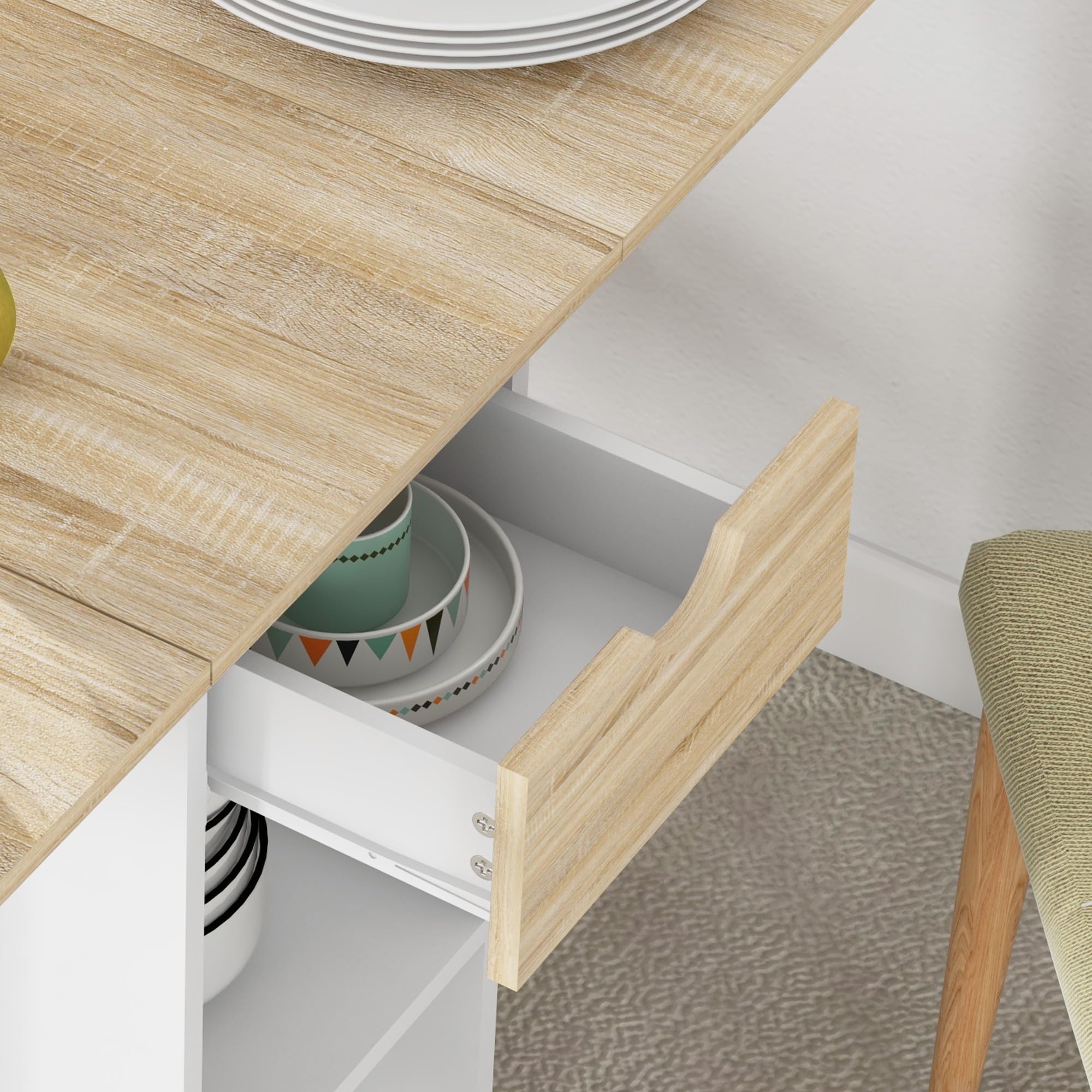 HOMCOM Mesa Plegable de Comedor Mesa de Cocina Plegable con Ruedas Alas Abatibles Cajón y Estantes para 2-4 Personas 120x72x75 cm Roble y Blanco