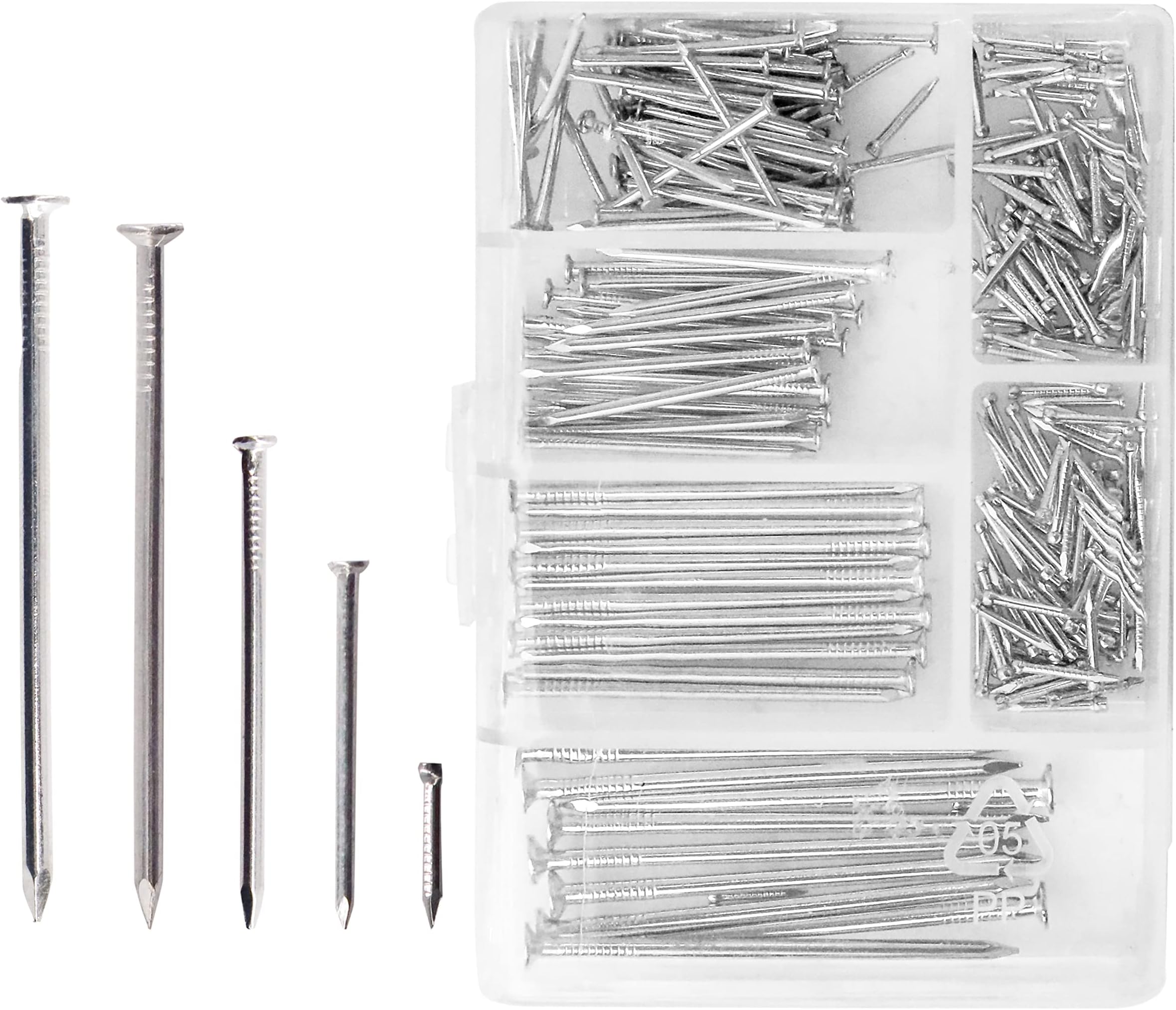 250 Assorted Flat Head Nails Perfect for Wood and Hanging Pictures, Long, Medium and Small Wall Nails for DIY and Crafts, Home Décor, Woodwork, Furniture and Construction, Silver