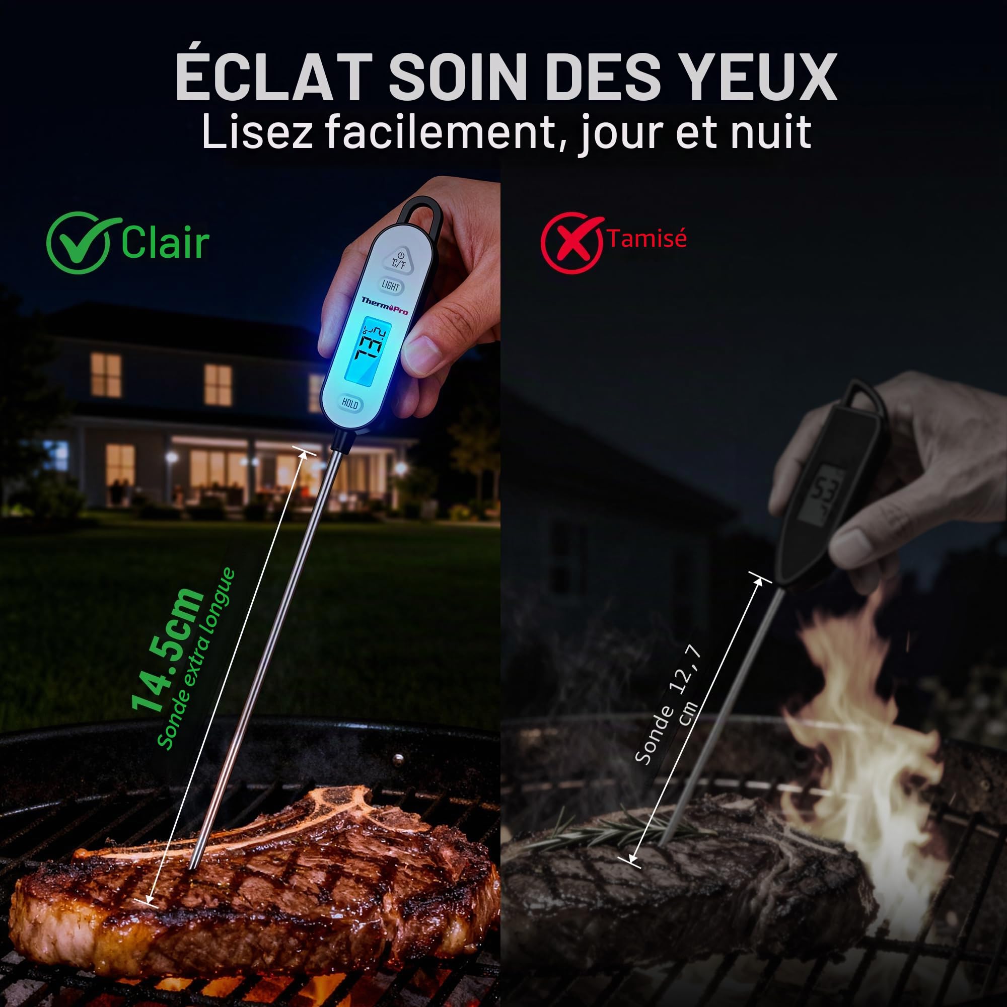 ThermoPro Thermomètre à viande numérique avec sonde pliable - Thermomètre de cuisson pour fumoir, barbecue