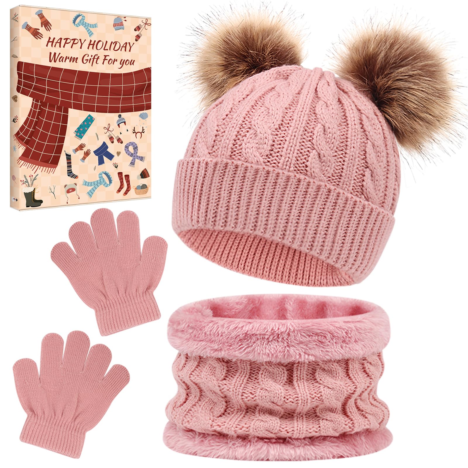 srclo3 Pieces Hat And Scarf Gift Box Sets for kids Winter Pom Pom Hat Gloves Set for Girls Boys Warm Knitted Beanie Hats Snood Scarf and Gloves for Children,Christmas gifts for Kids (Red)
