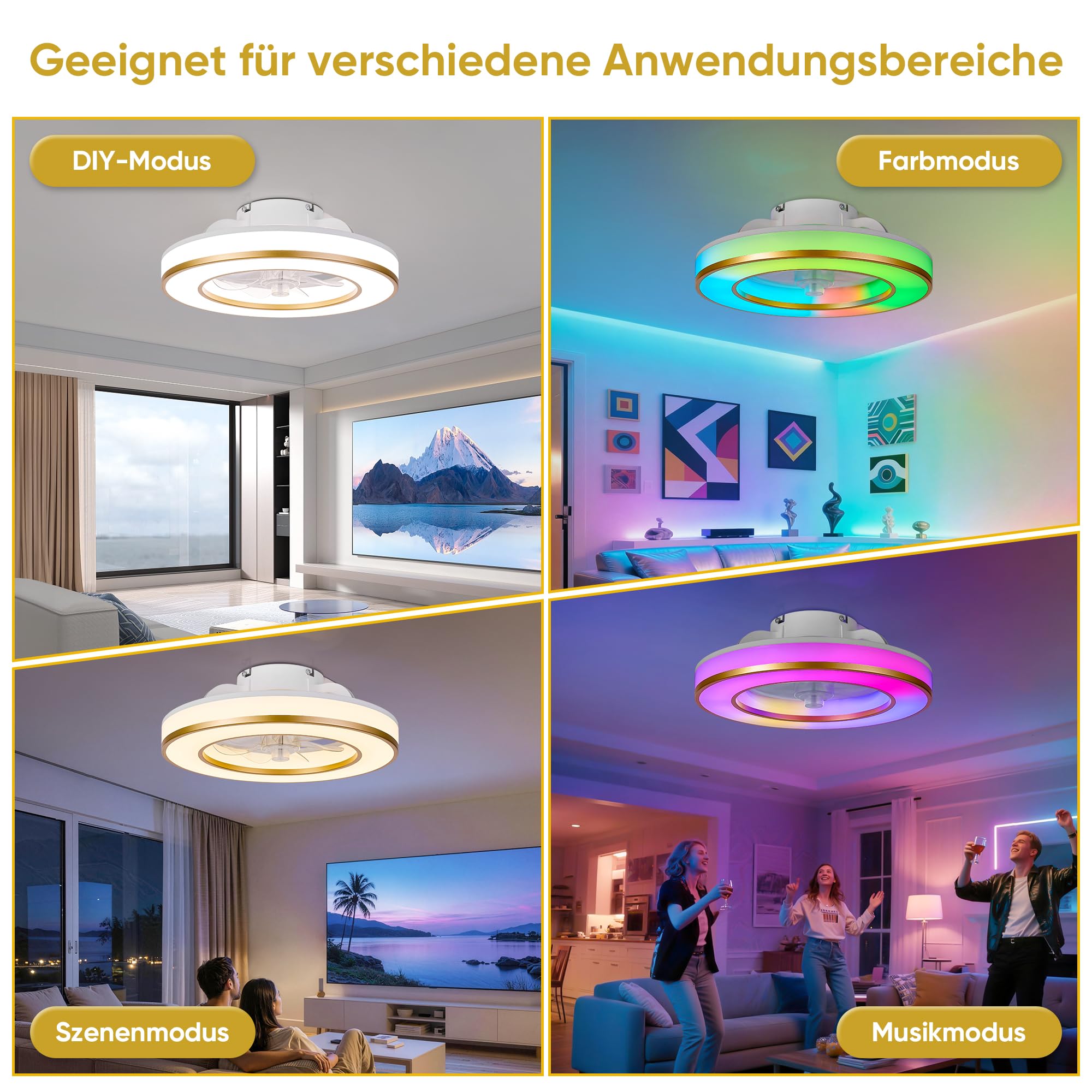 DOMANKI Deckenventilator mit Beleuchtung 42 cm RGB-Ambientelicht, Leiser DC-Motor, 6 Stufen Dimmbar, Sommer-/Wintermodus, Fernbedienung, Gold