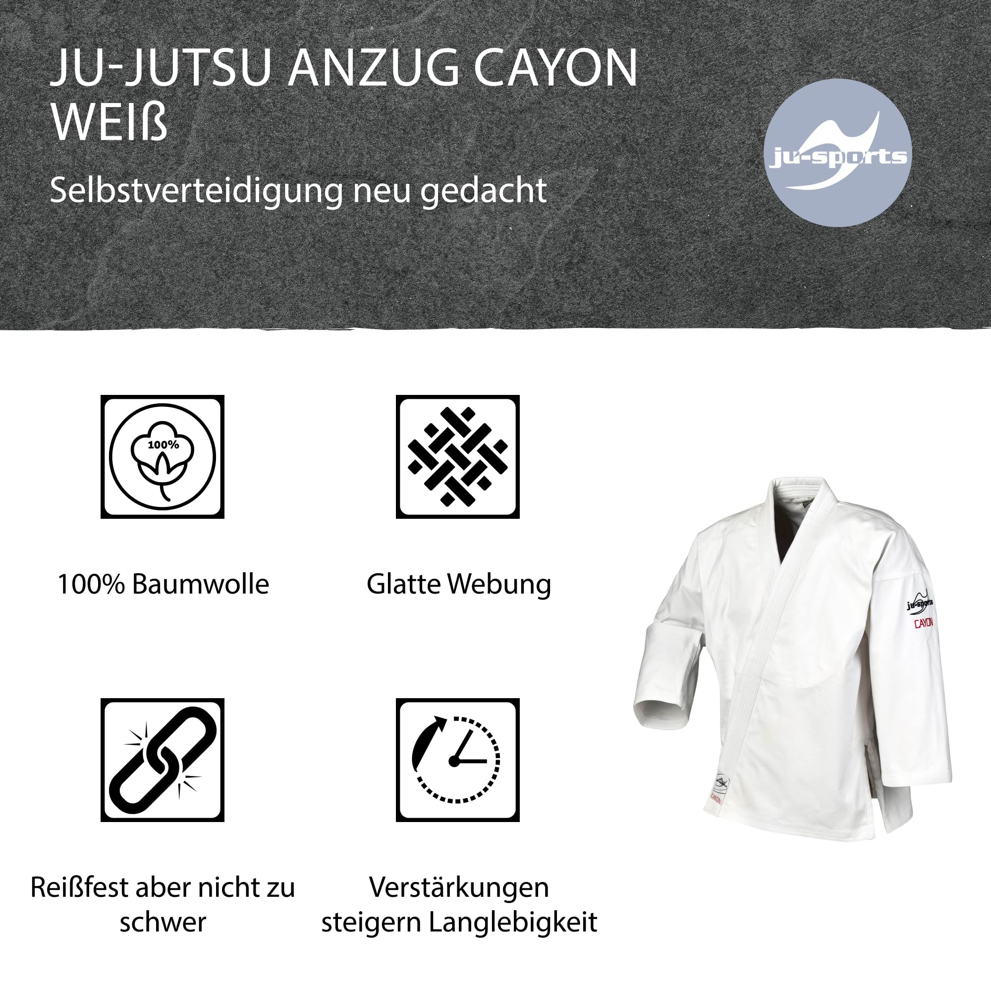 Ju-Sports Jujutsu Anzug Cayon weiß - Moderner Gi für Erwachsene & Kinder 100% Baumwolle, Reißfester Stoff, Doppelt verstärkter Brust- & Schulterbereich