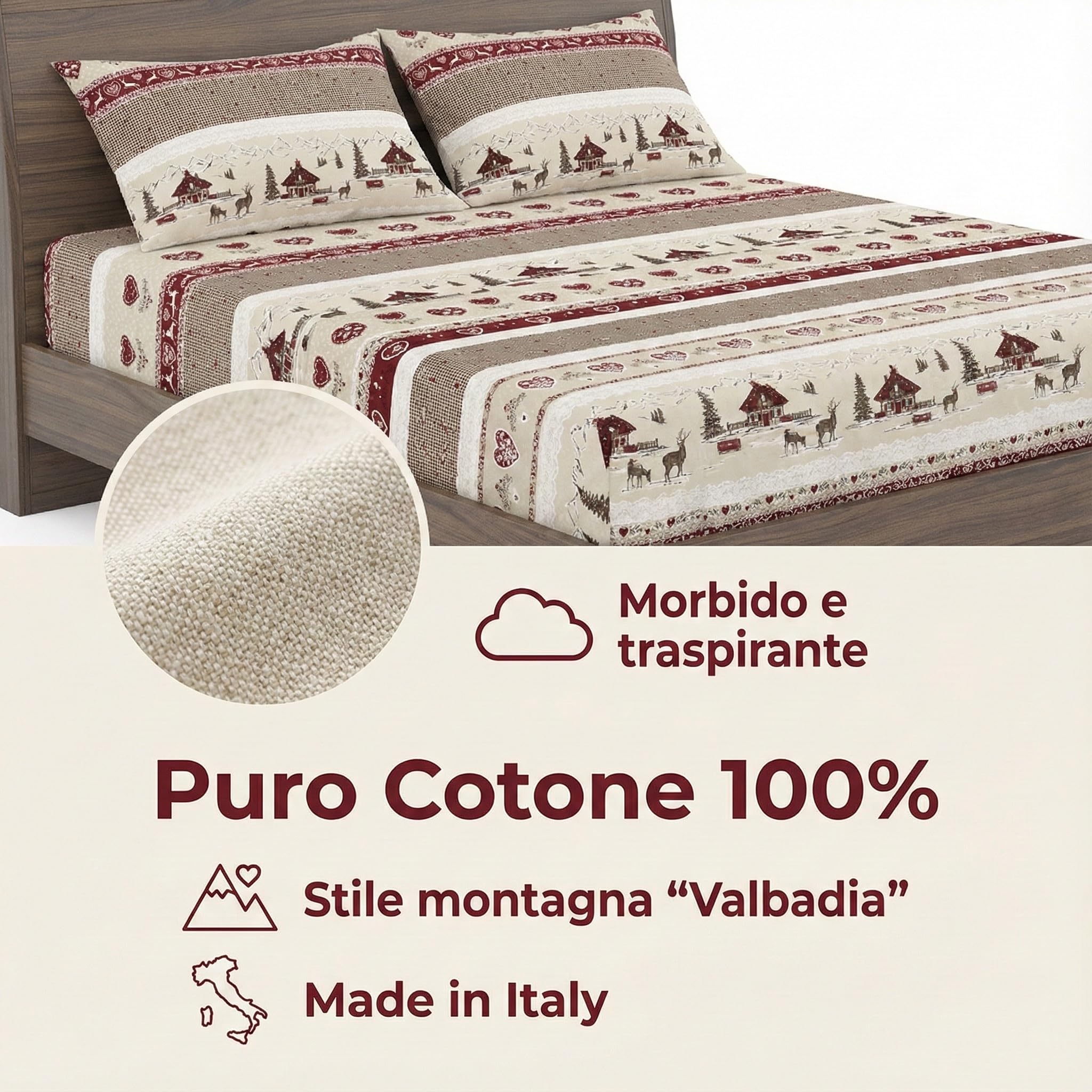 Tex family Completo Lenzuola Tirolese Valbadia - 100% Cotone Made in Italy - Stile Montagna Cervi e Baite - Due Piazze