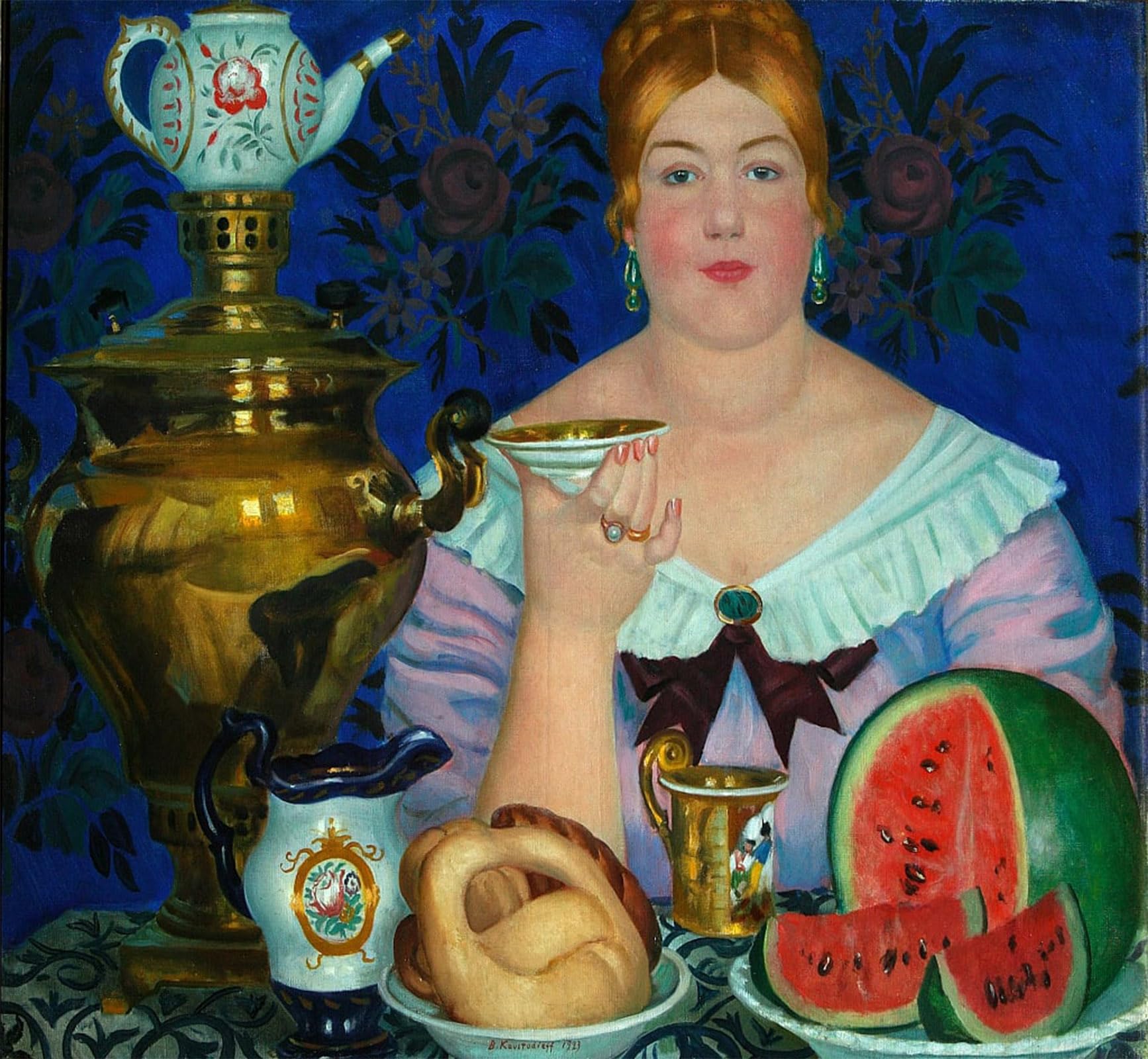 SERENDIPITP Retro Picture Poster Wall Art Pictures Painting the Merchants Wife Drinking Tea by Boris Mikhailovich Kustodiev Wall Art Canvas Print for Wall Decor 60x90cm