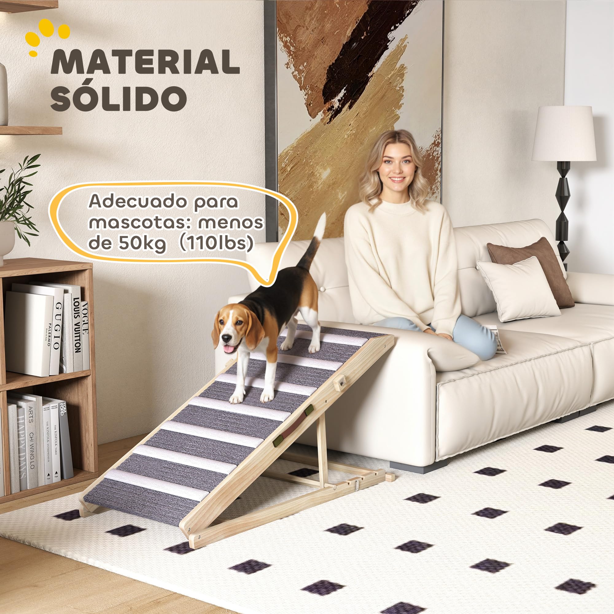 PawHut Rampa para Perros Plegable y Altura Ajustable 35-50 cm, Rampa para Mascotas de Madera con Alfombrilla Antideslizante y Asa, para Perros Pequeños Medianos y Grandes, para Cama Sofá, 100x50x50 cm