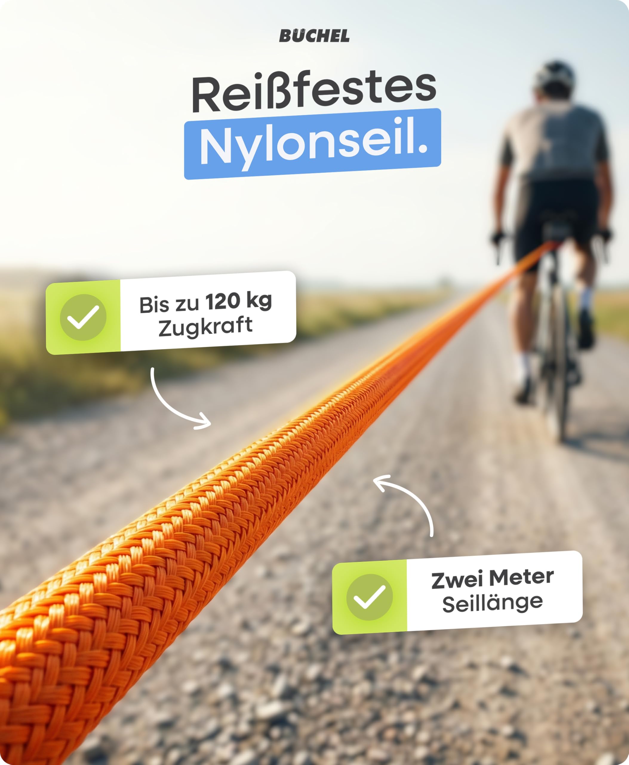 Büchel Fahrrad Abschleppseil bis 120 kg - 2,20 m Abschleppseil Fahrrad Kinder, mit Pull-Tab & Abriebschutz - Stabiler Karabiner & 3-Fach Montierbar, für Erwachsenen- & Kinderräder