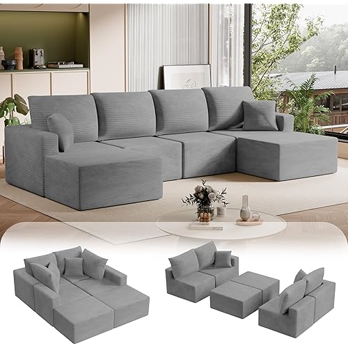 Homall 126" Sectional Couches for Living Room, Modern Fabric Boneless Couch with Deep Seat, Upholstered Cloud Sofa with 2 Ottoman, No Assembly Required (Grey, U Shaped Sofa)