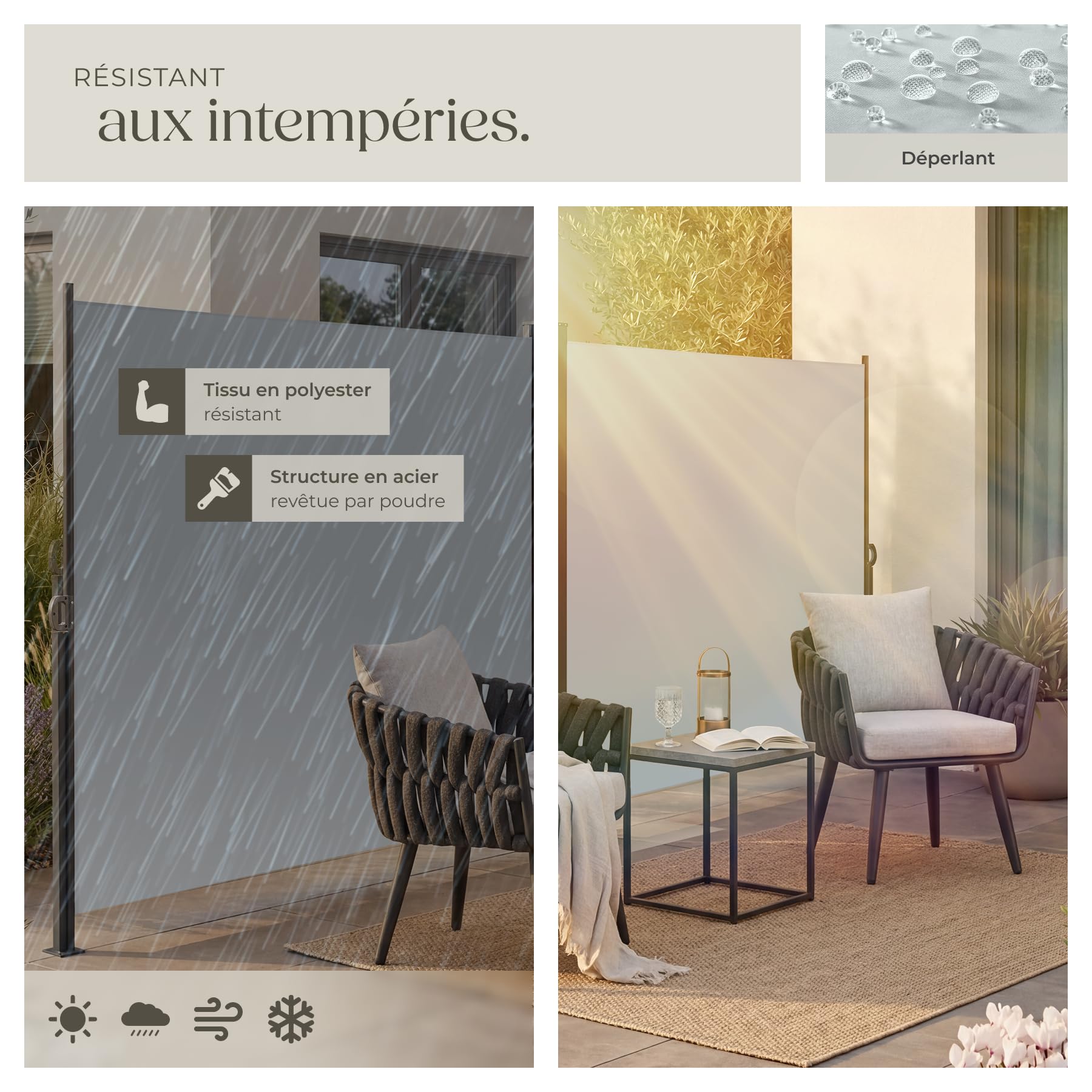 tectake® Store Latéral Double 180 x 600 cm, Résistant aux intempéries, Extensible avec mécanisme d'enroulement, Brise Vue Opaque, Protection Soleil et Vent, Tissu en Polyester Enduit - Gris