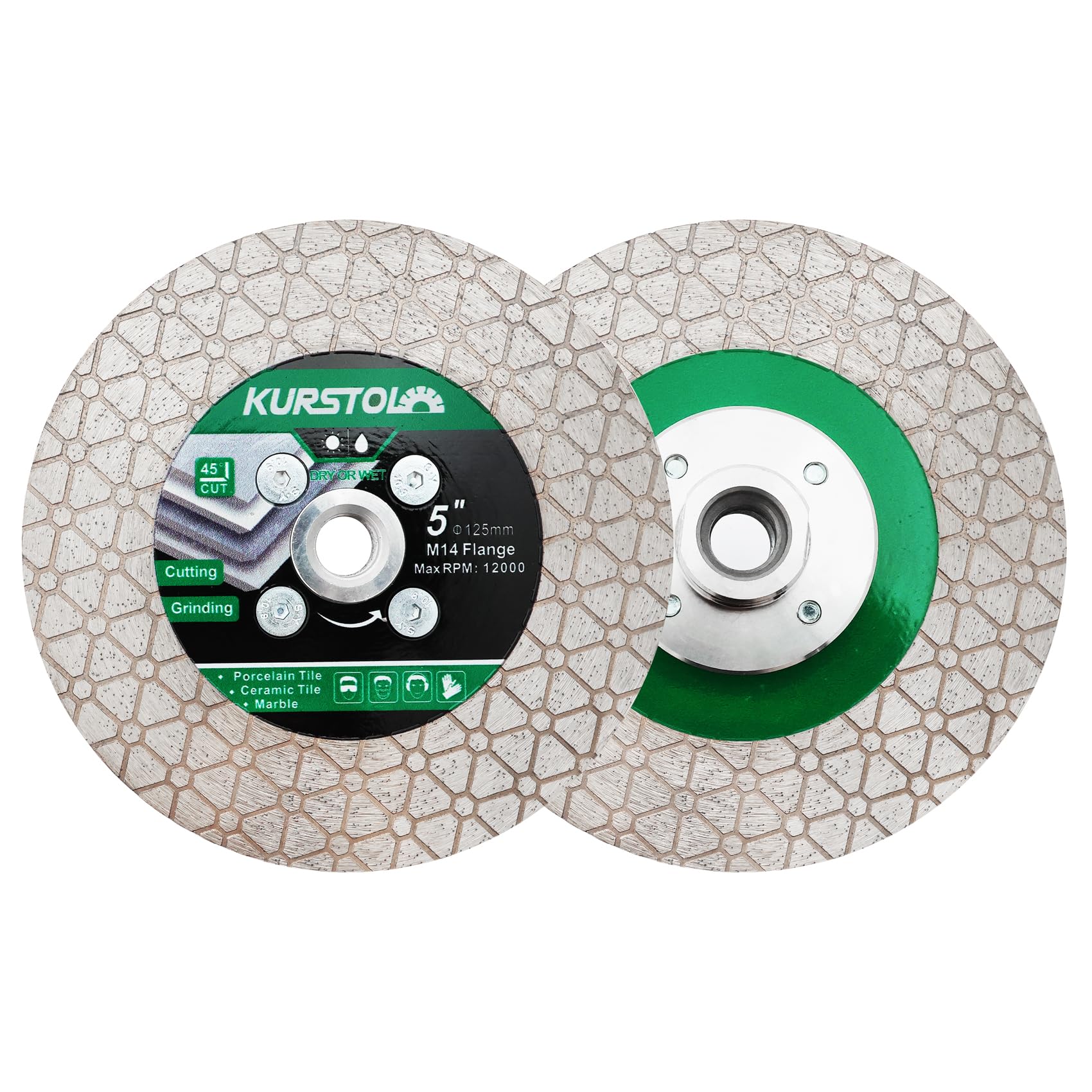 KURSTOL Diamond Cutting Disc - 2pcs 5"/125mm Dual-Purpose Tile Diamond Saw Blade,Angle Grinder Blade M14 Thread for Cutting and Grinding Ceramic Tiles,Porcelain,Granite,Marble