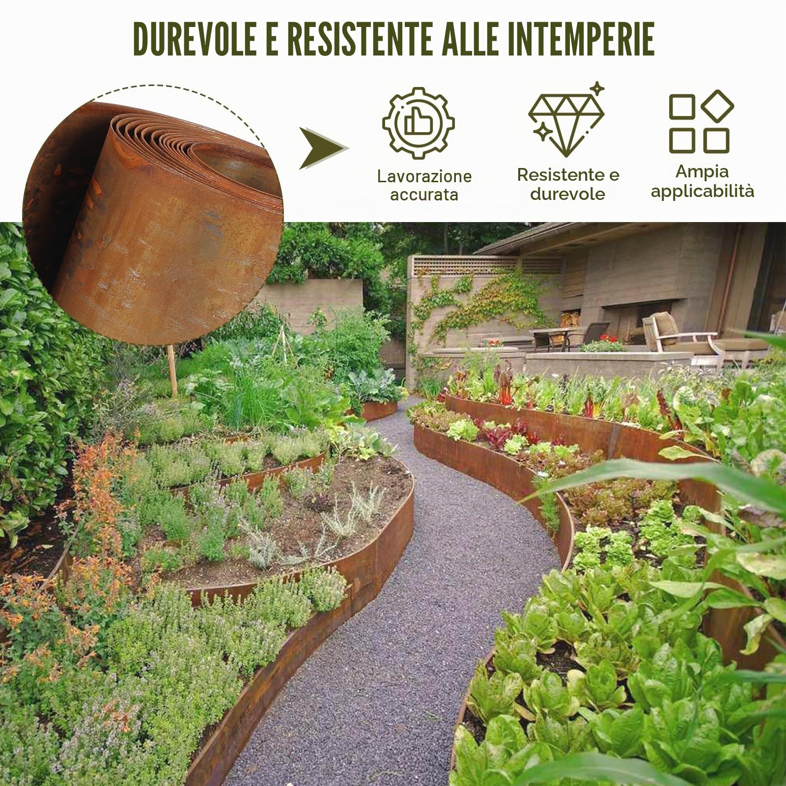 Bordo per prato in acciaio corten, 5 m x 20 cm, bordatura per aiuole in metallo con effetto ruggine, nastro flessibile per bordo prato, con 1 paio di guanti, per limitare aiuole, sentieri da giardino