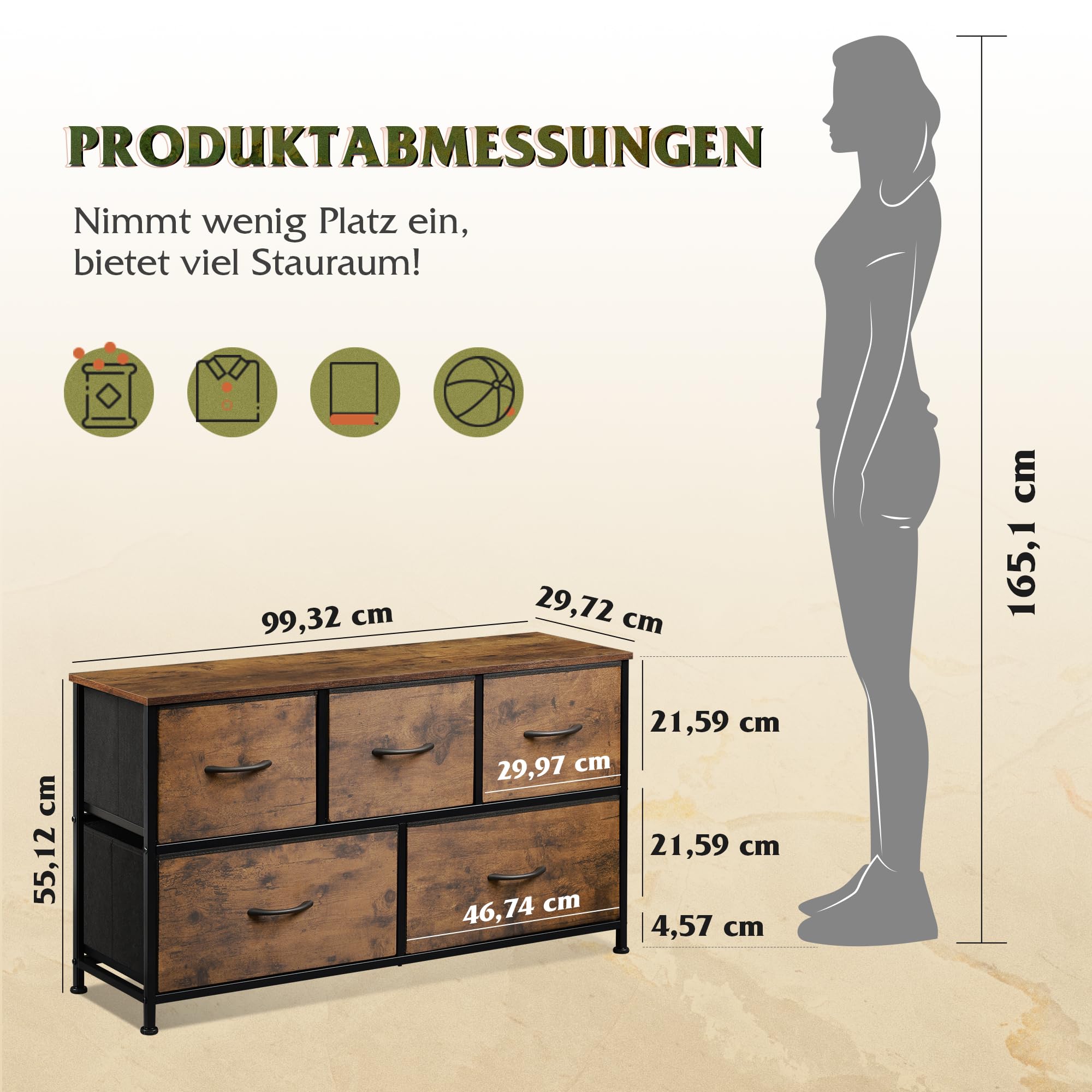 WLIVE Kommode mit 5 Schubladen aus Stoff, Kommodenschrank für Schlafzimmer, Kommode Wohnzimmer, mit Stabiler Stahlrahmen, Vintagebraun-Schwarz