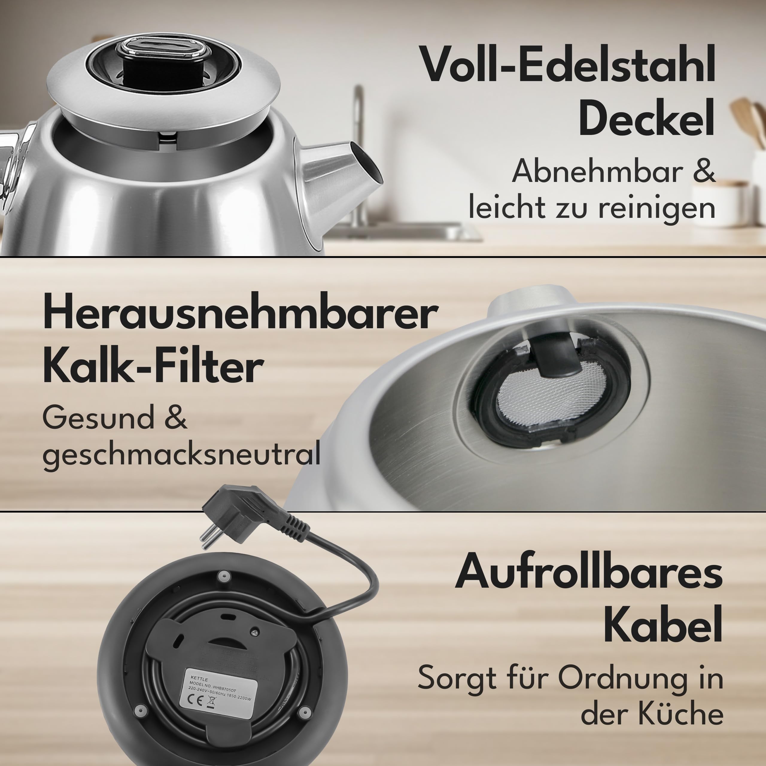 LEBENLANG Wasserkocher Edelstahl Temperatureinstellung – Leise, Temperaturanzeige & Warmhaltefunktion - 1,7 Liter & 2200W | Electric Kettle | Temperatur Edelstahl Wasserkocher Retro ohne Plastik