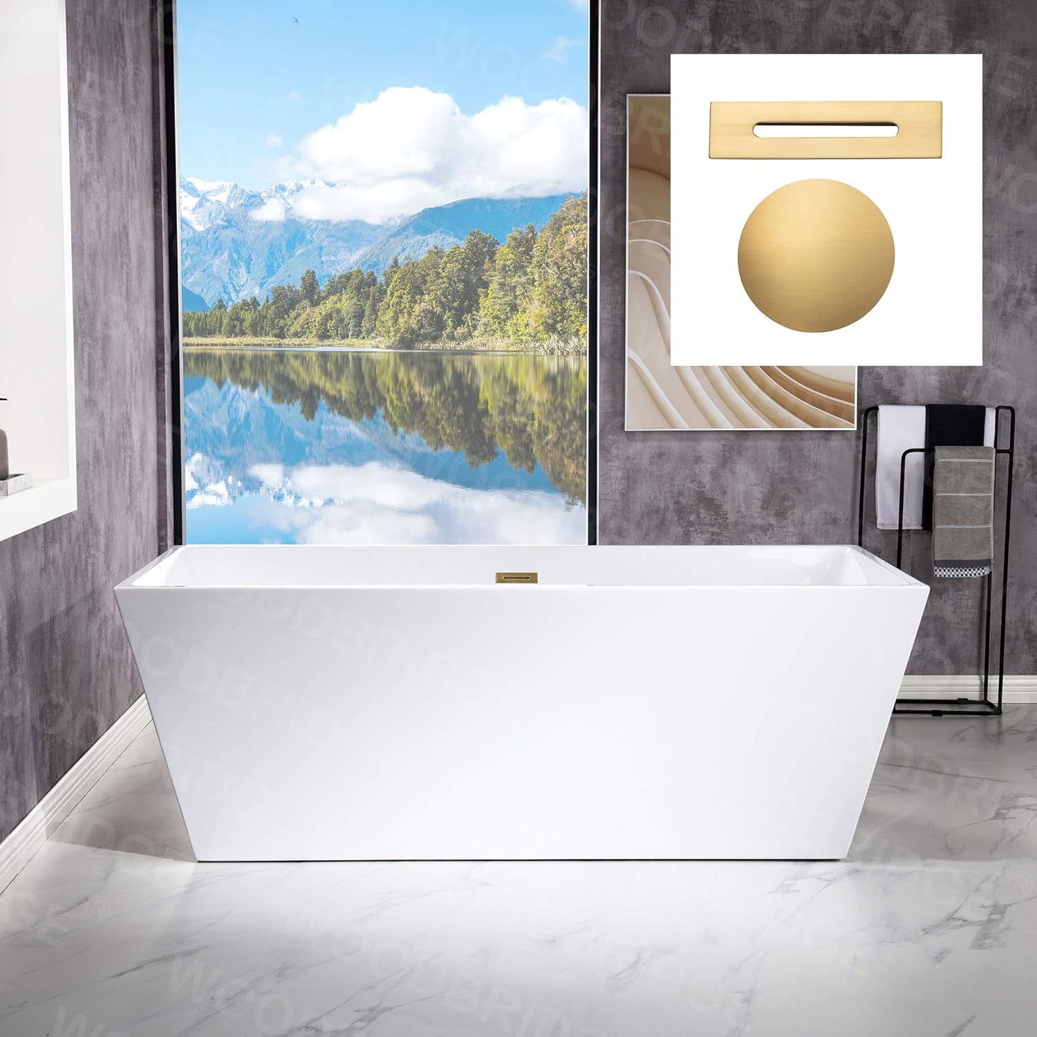 WOODBRIDGE 67" Acrylic Freestanding Bathtub Contemporary Soaking White Tub with Brushed Gold Overflow and Drain，BTA1512-BG-Drain&O