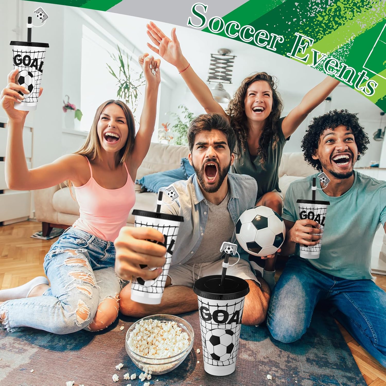 Domensi 12 Pcs Soccer Plastic Tumbler with Lid and Straw 24oz Reusable Plastic Cups with Straw Cover Caps Gifts for Fan Friend Guest Birthday Office Christmas Sport Party Supplies (Black White Soccer) - Image 6