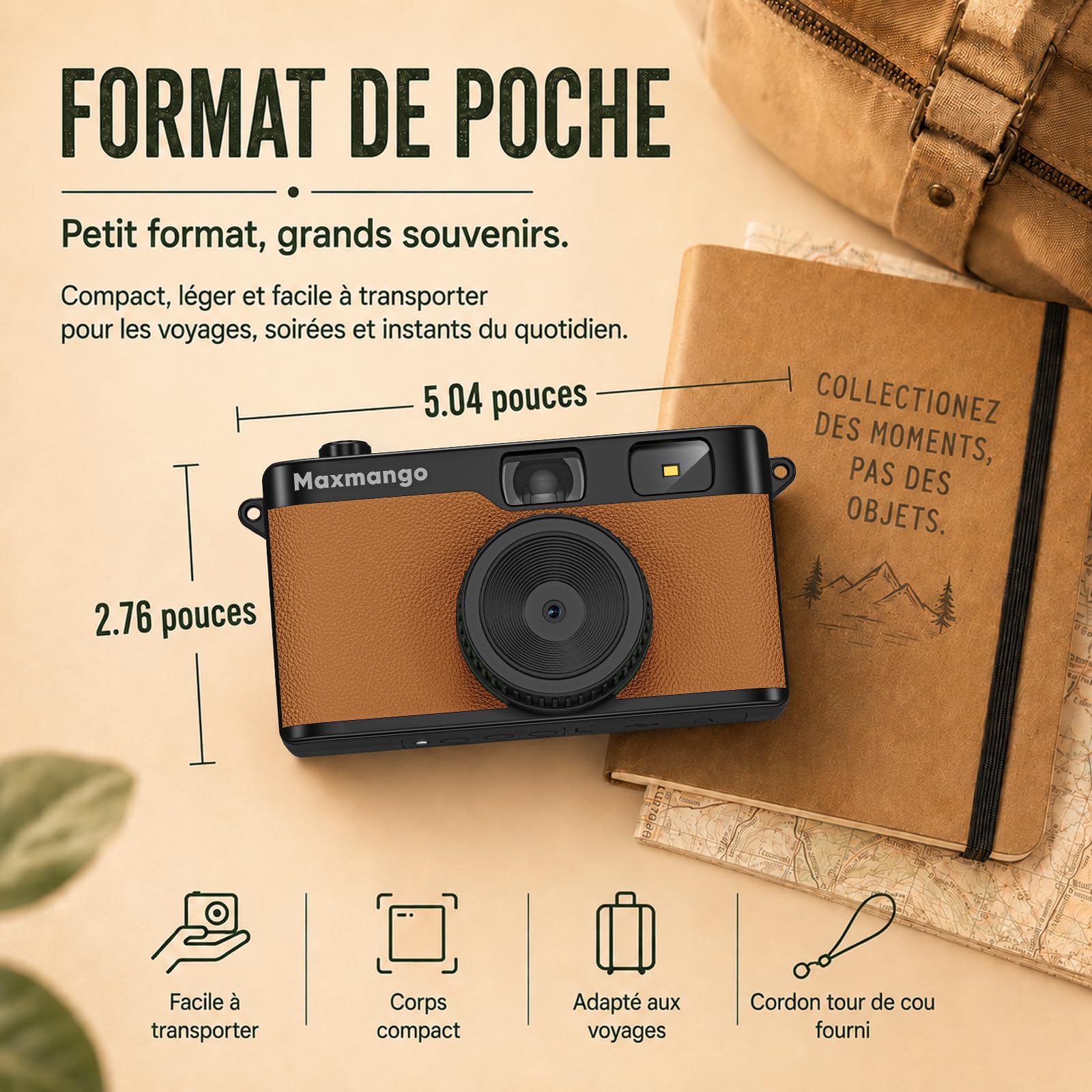 Maxmango D53 Appareil Photo Vintage sans Écran, Numérique Rétro 12 MP, Filtres DIY, Transfert USB-C, Carte SD 8 Go, Marron