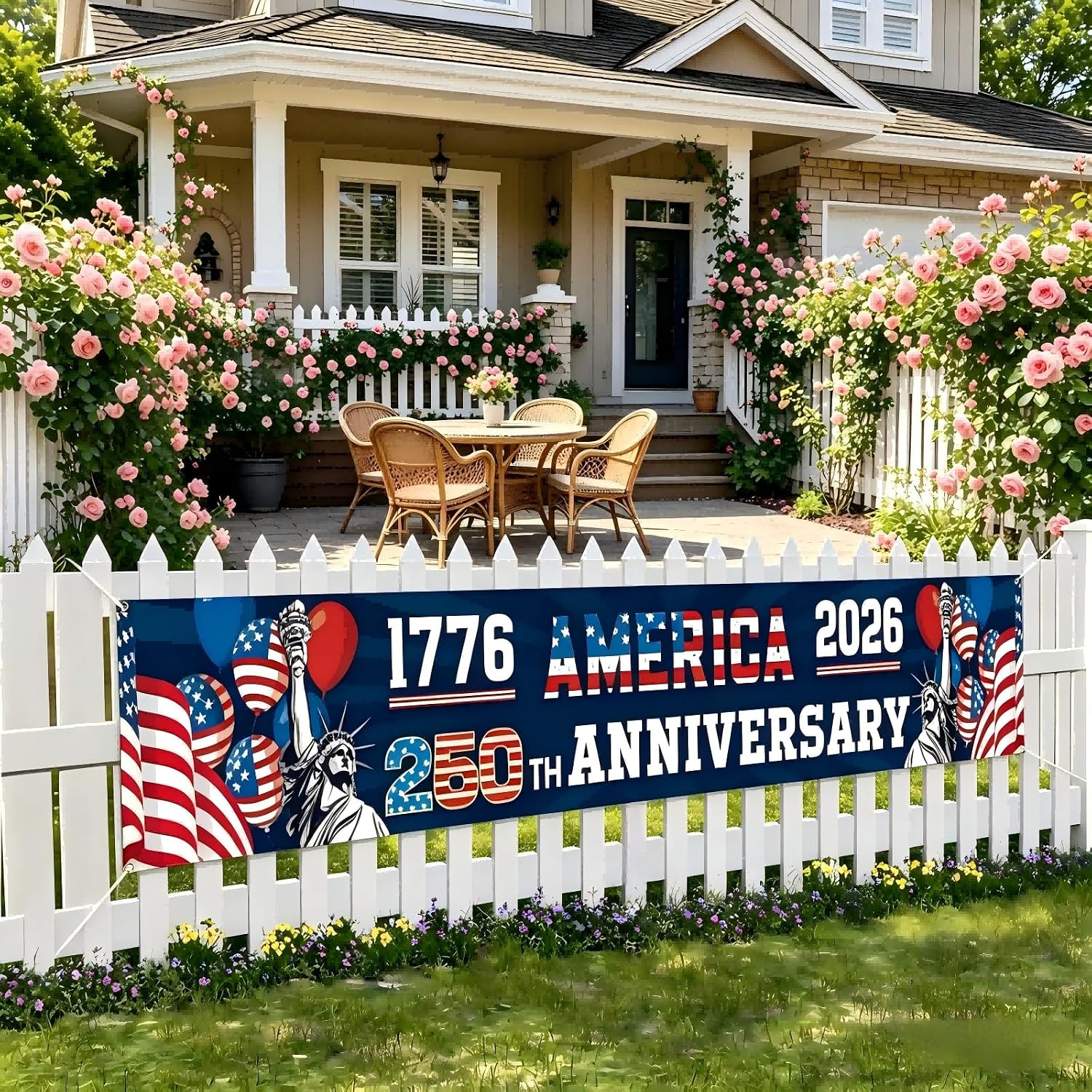 250th Anniversary American Flag Banner 120" x 20", 4th of July Decorations, 1776-2026 USA 250th Birthday Patriotic Party Supplies, Decorations for Outdoor Indoor Yard Garden Porch Lawn