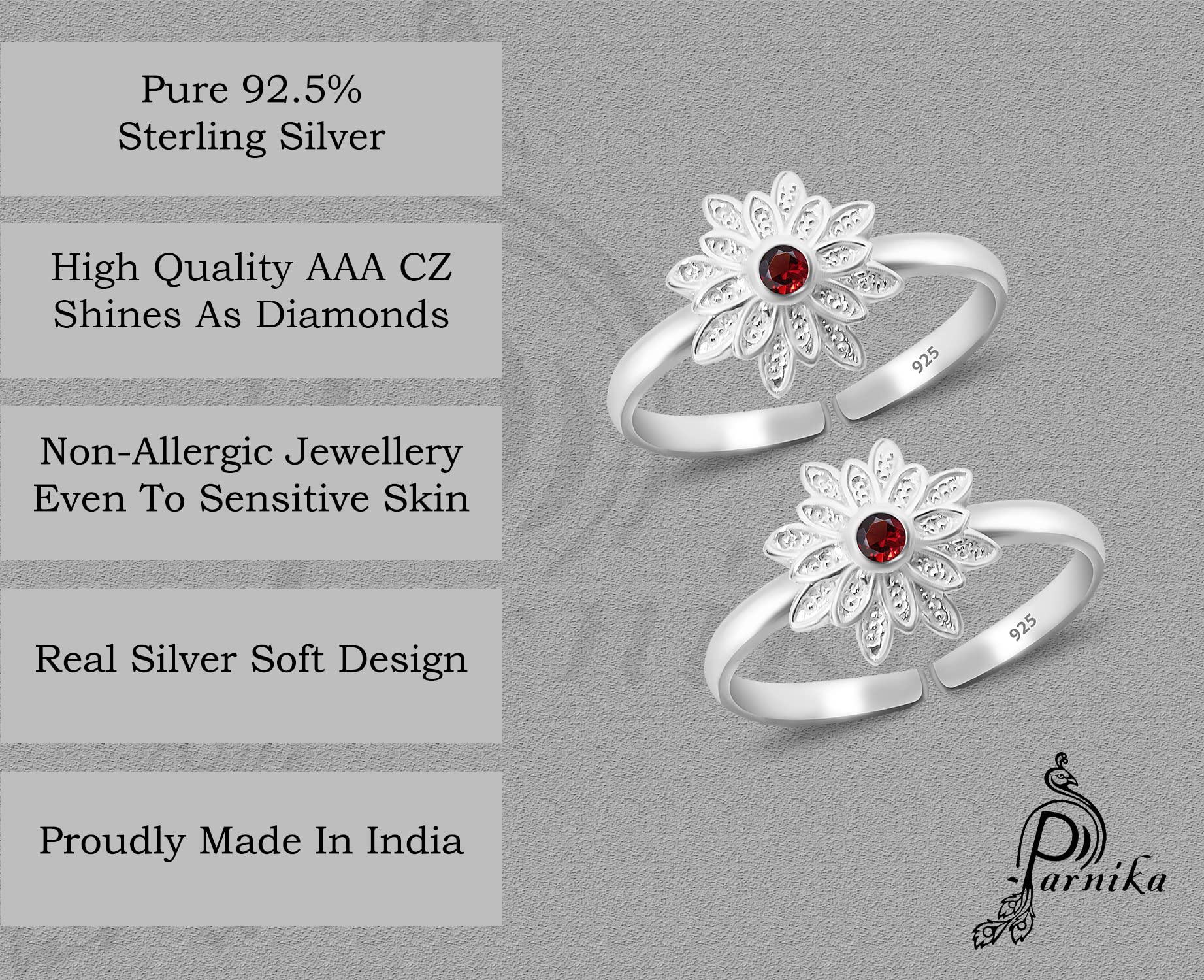 Parnika (Formerly MJ Designer Multi CZ Adorned Silver Toe Rings in Pure 92.5 Sterling Silver for Women (Floral 2) 4