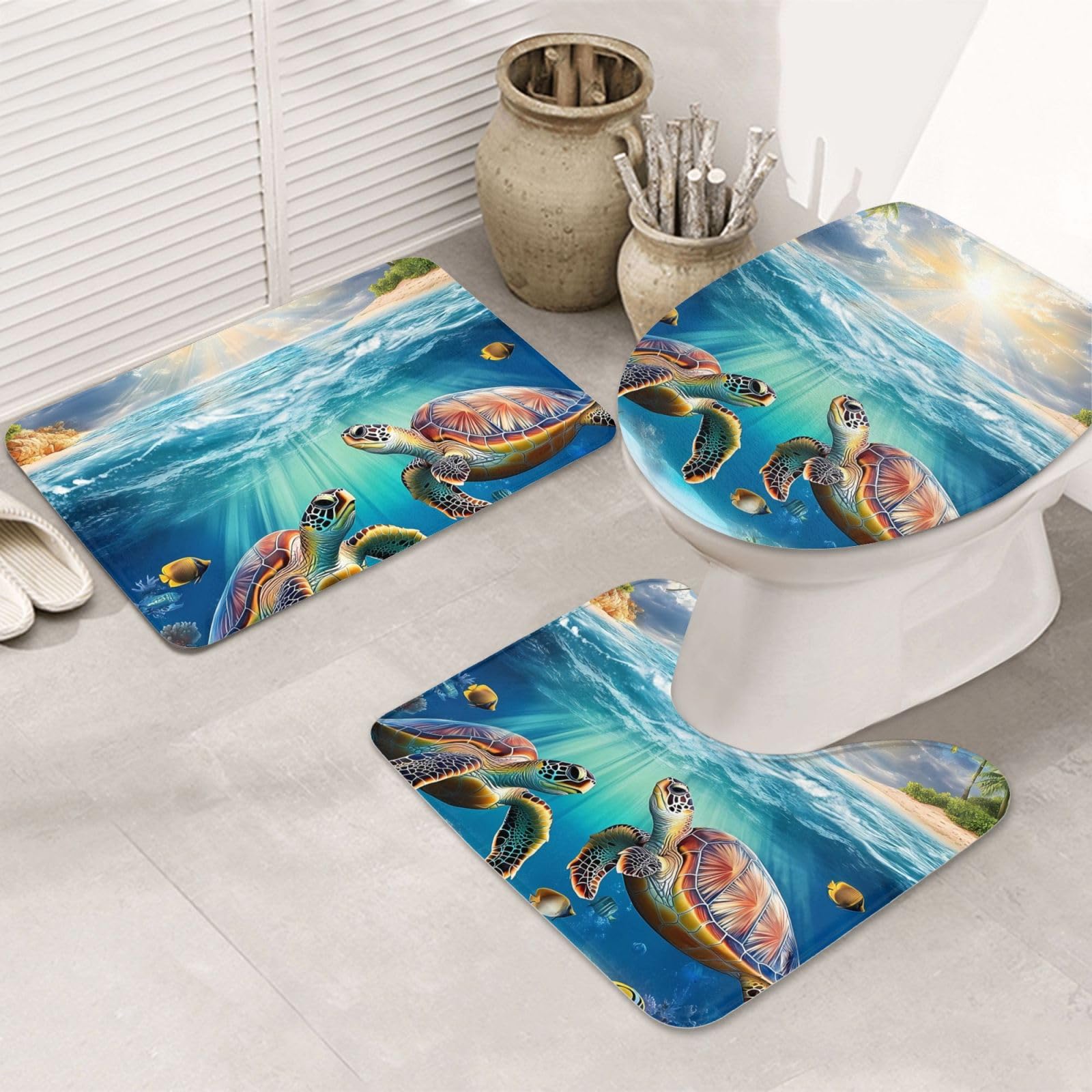 Set di 3 tappeti da bagno estivi a forma di tartaruga, morbidi e assorbenti, in memory foam e a forma di U, decorazione per la casa, ad asciugatura rapida