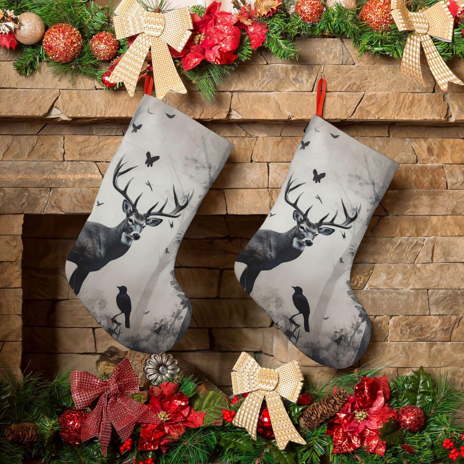 Hunting Silhouette of Deer Christmas Stockings 18 Inches Velvet Xmas Fireplace Hanging Stocking Rustic Christmas Santa Stockings for Home Christmas Decorations Party Favor Supplies