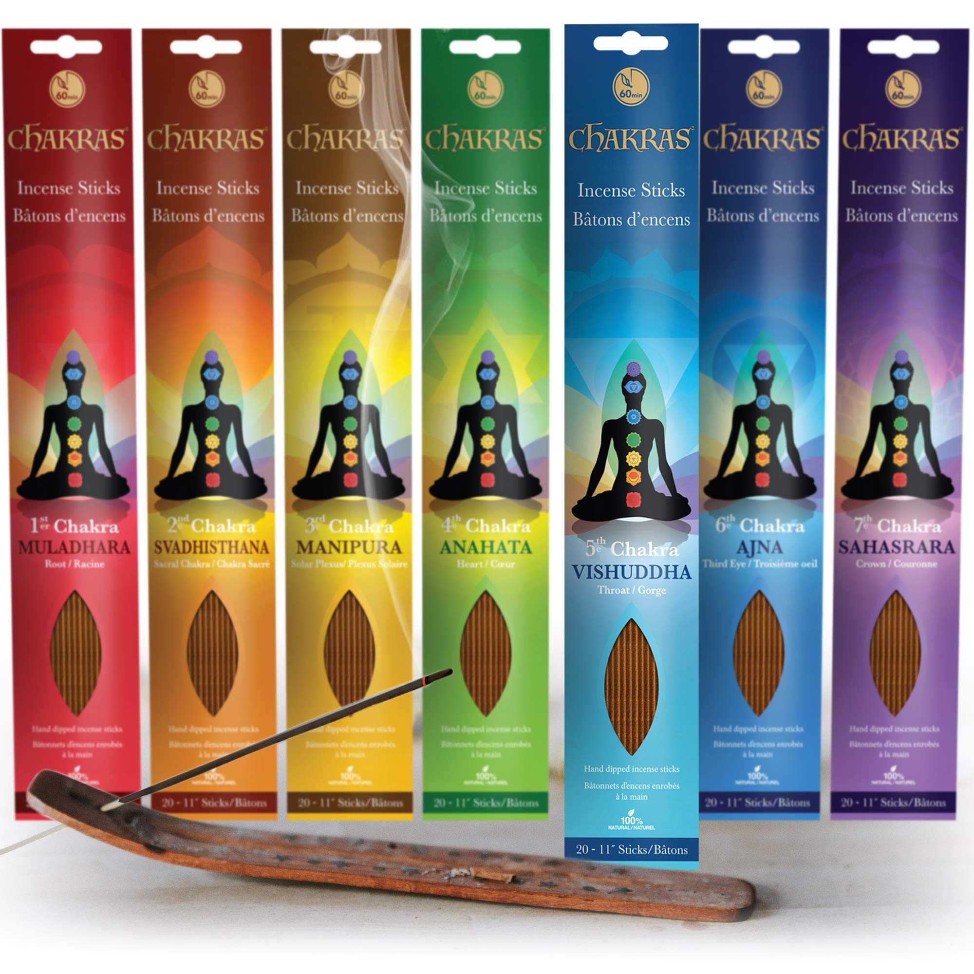Chakras Incense - 7 Root To Crown Set - 140 Sticks - Free Of Nasty Chemicals Like Charcoal And Other Accelerant- Fills The Room With The Perfect Aroma - 100% Natural - Lasts 60+ Minutes